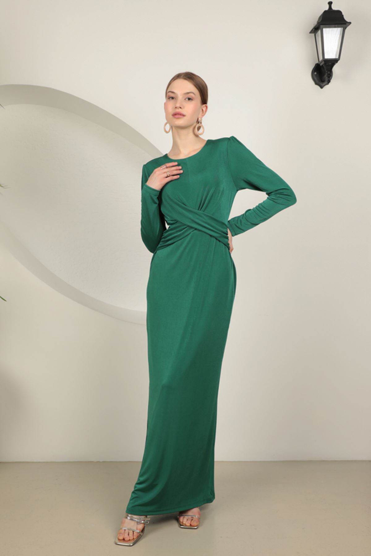 Sandy Fabric Women's Long DressEmerald Green-Kakts Moda