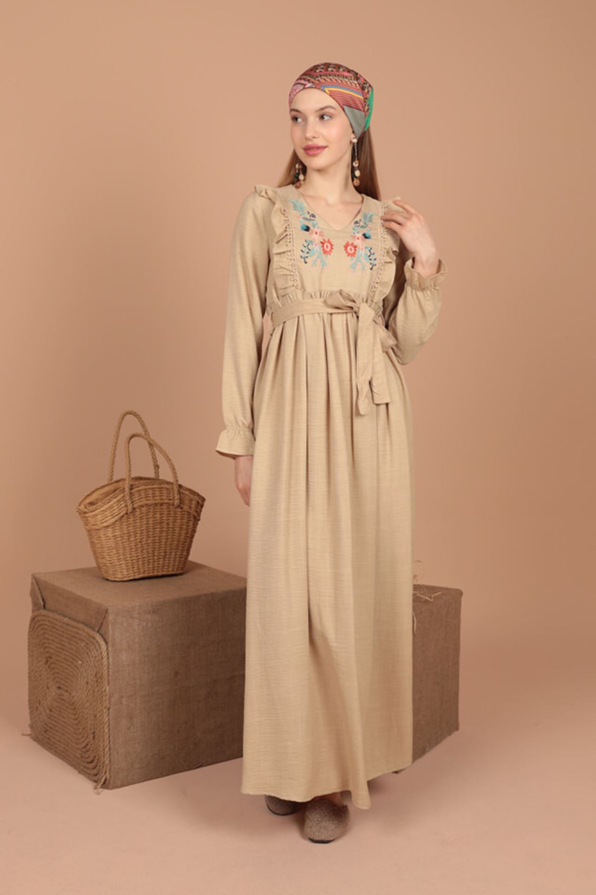 Aerobin Fabric Frilly Embroidered Women's Dress-Stone