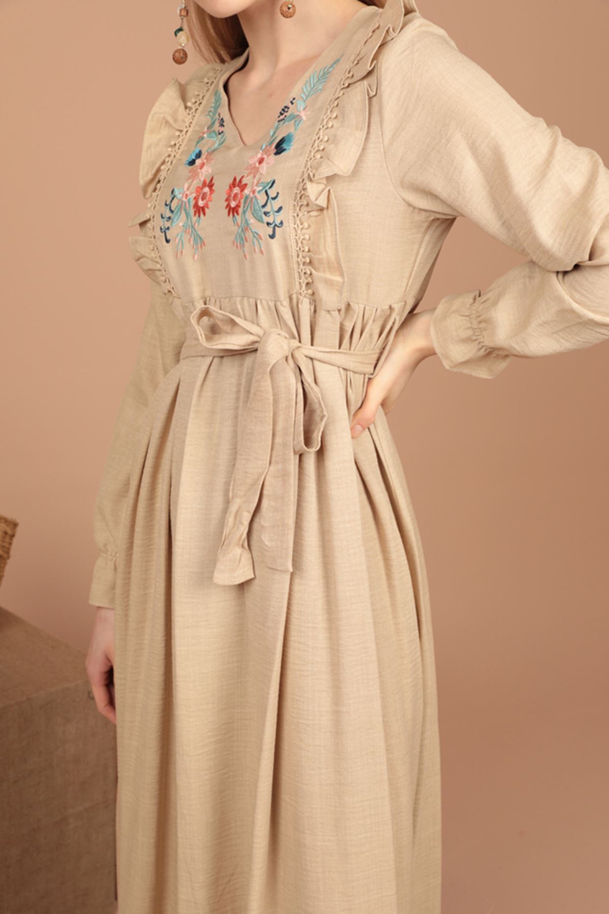 Aerobin Fabric Frilly Embroidered Women's Dress-Stone