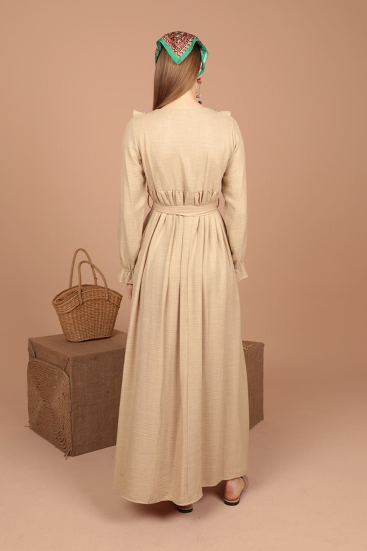 Aerobin Fabric Frilly Embroidered Women's Dress-Stone