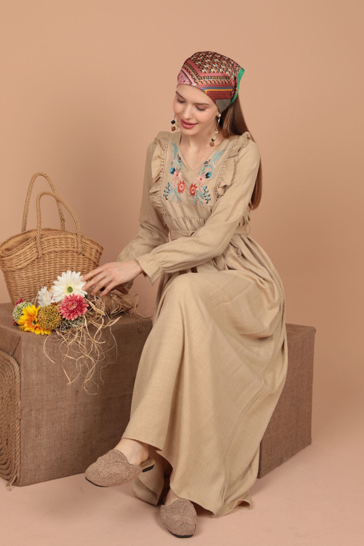 Aerobin Fabric Frilly Embroidered Women's Dress-Stone