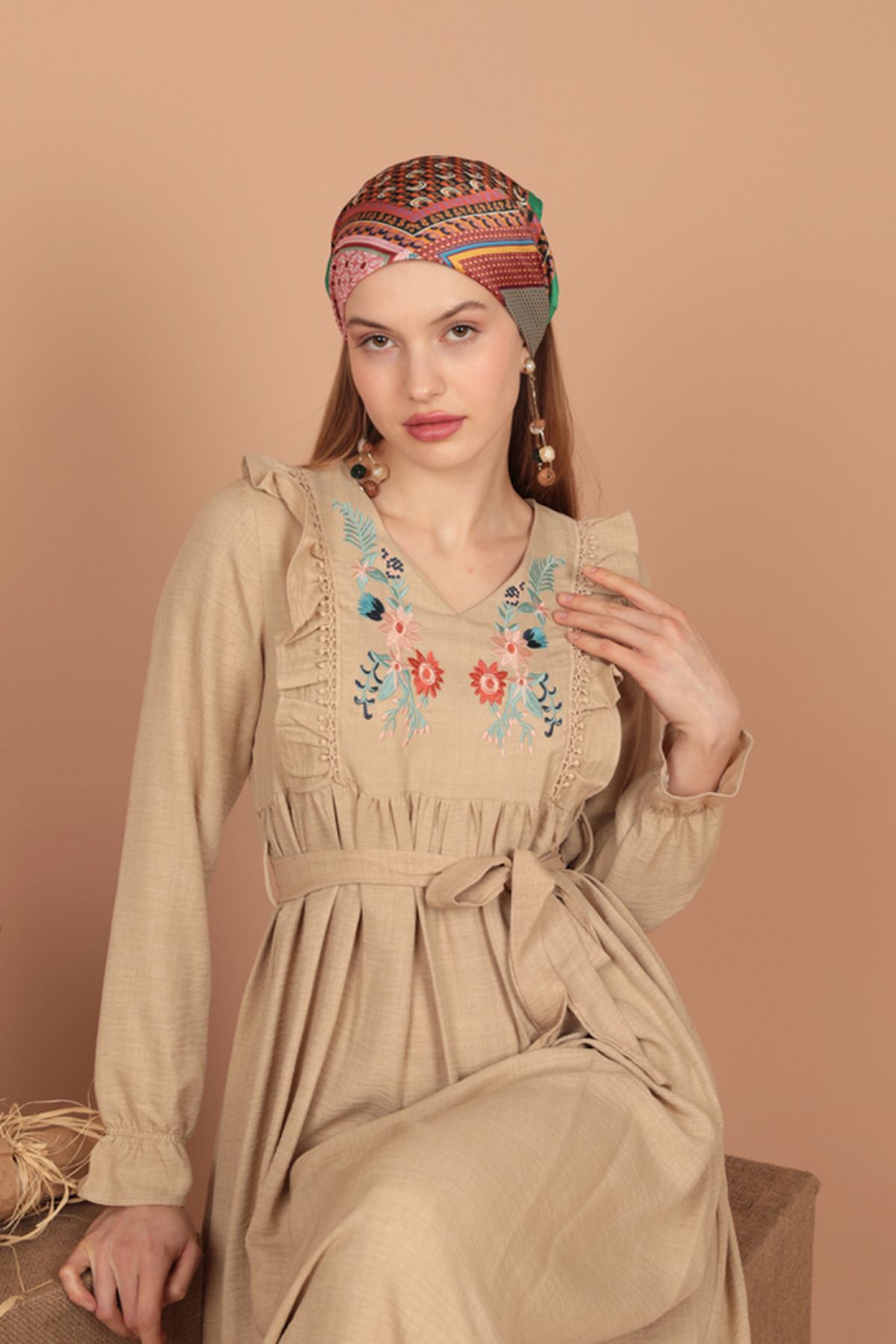 Aerobin Fabric Frilly Embroidered Women's Dress-Stone