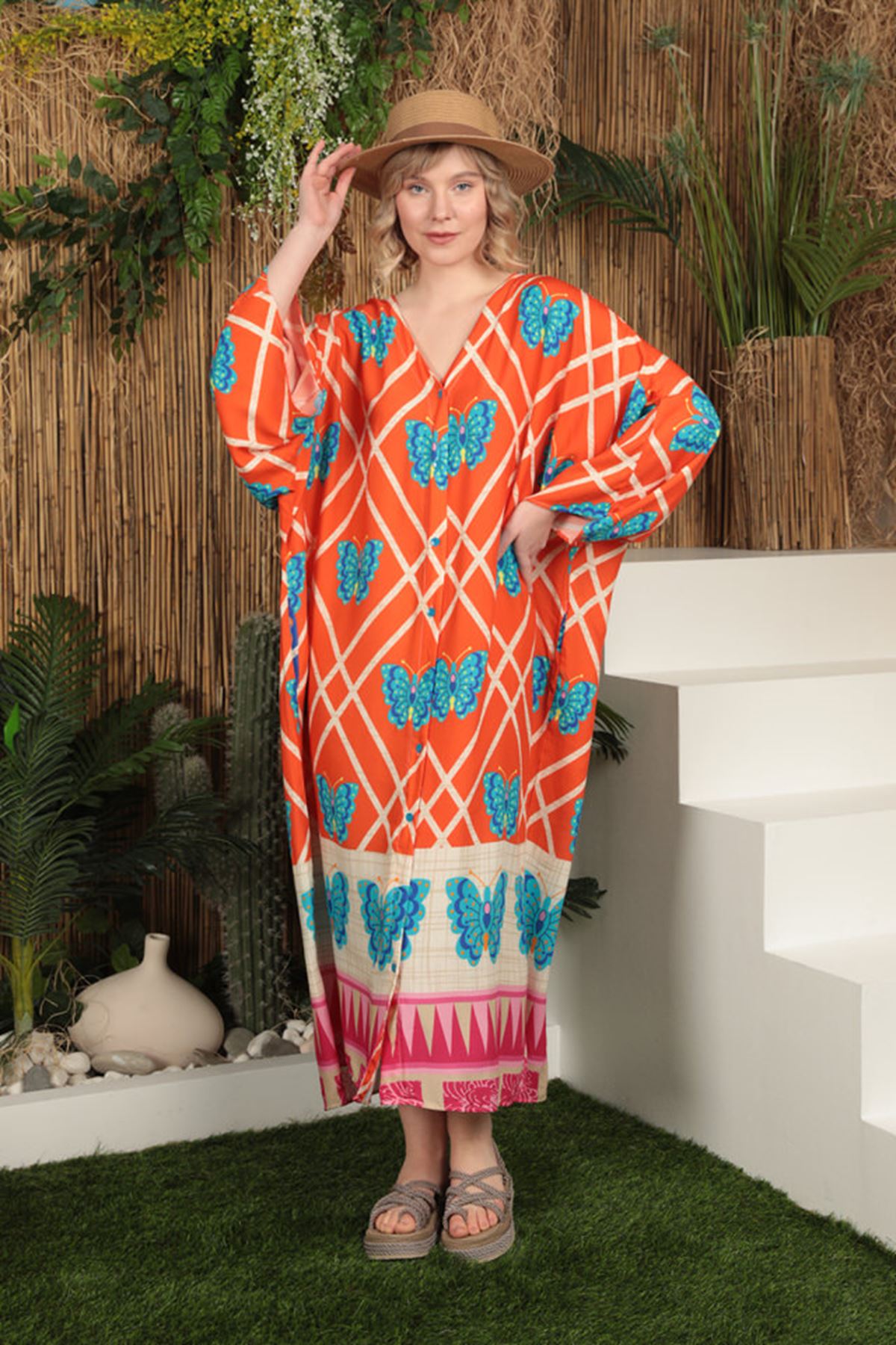 Женское платье из вискозной ткани с узором бабочки-оранжевое