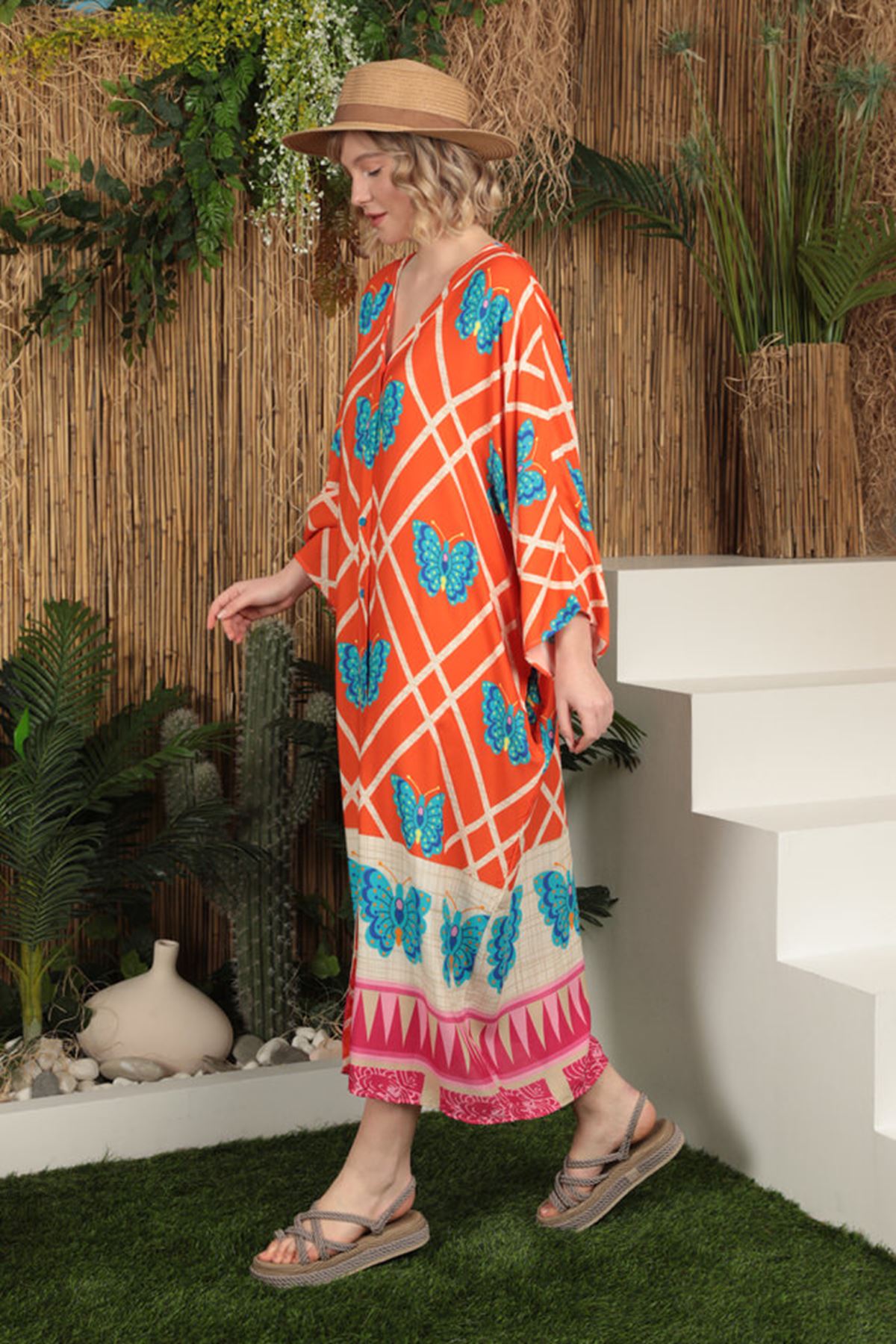 Женское платье из вискозной ткани с узором бабочки-оранжевое