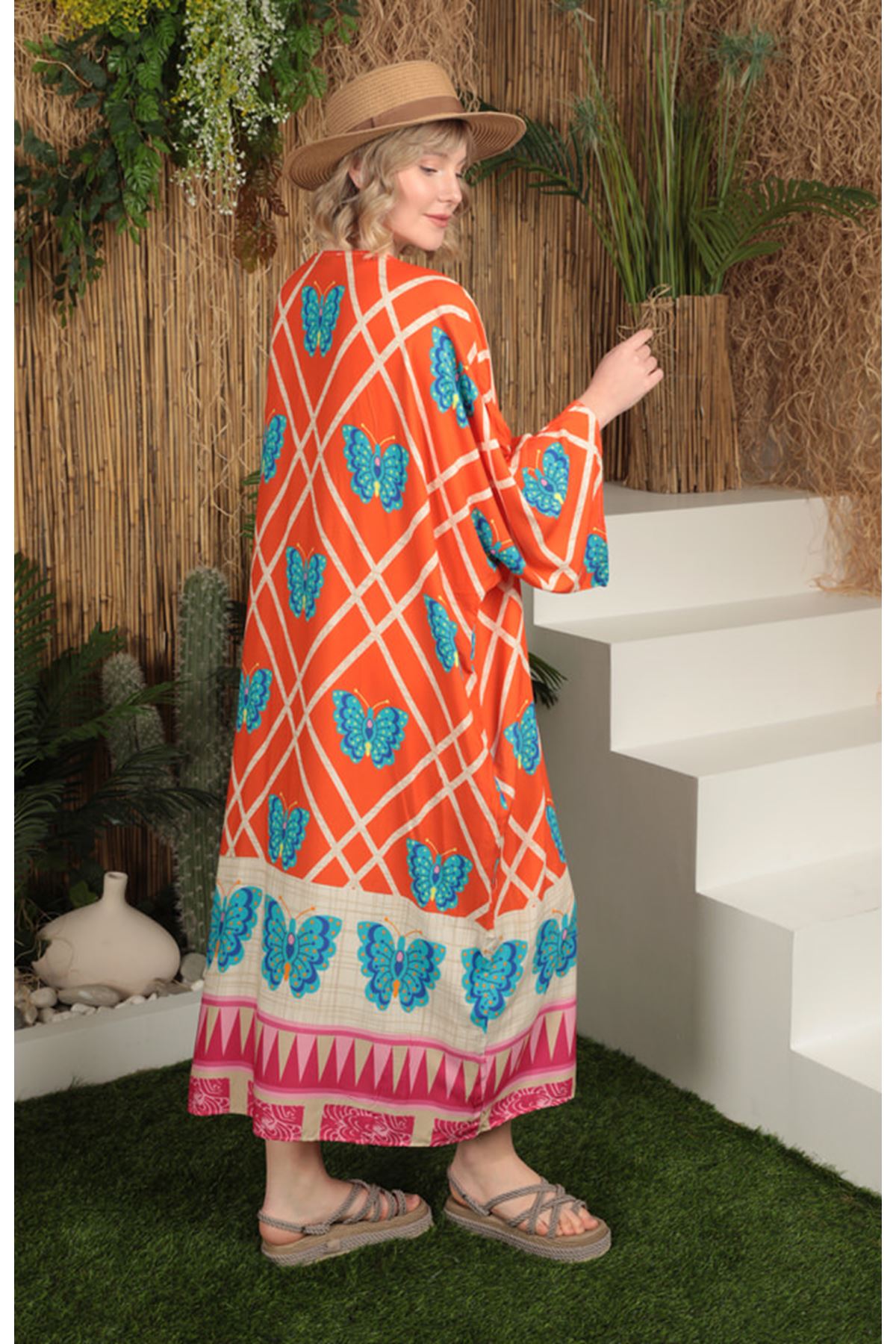 Женское платье из вискозной ткани с узором бабочки-оранжевое