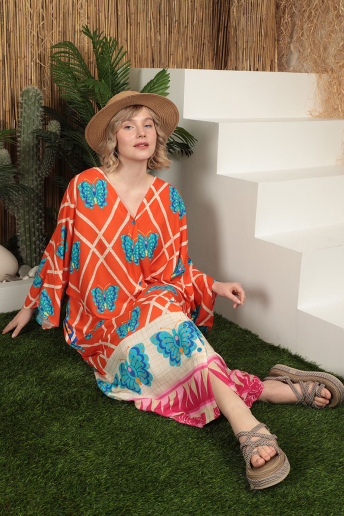 Женское платье из вискозной ткани с узором бабочки-оранжевое