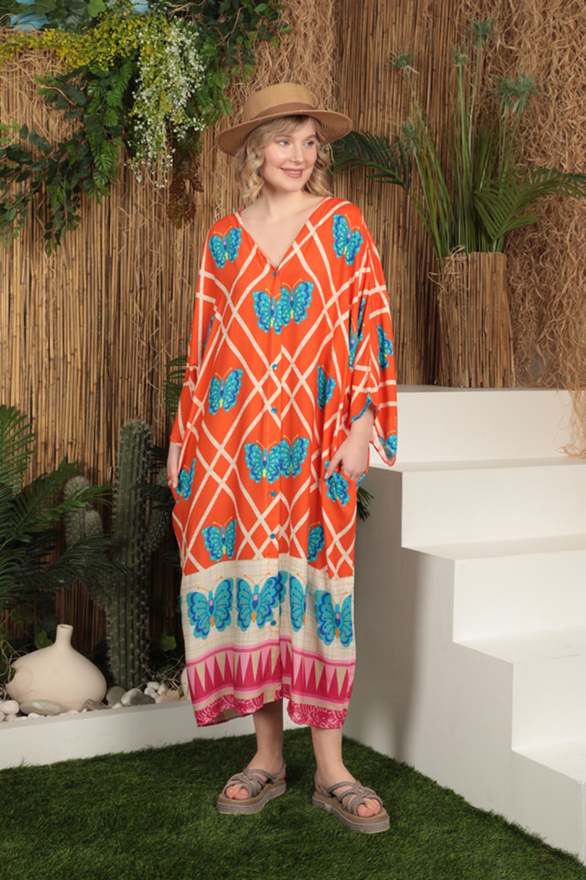 Женское платье из вискозной ткани с узором бабочки-оранжевое