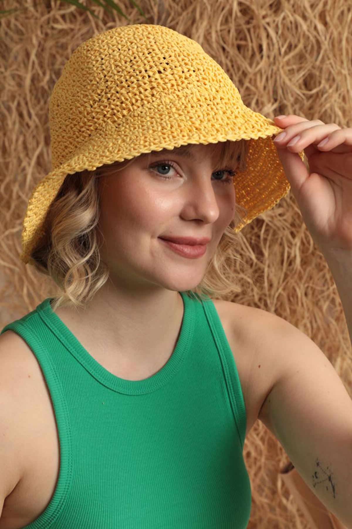 El Örgüsü Kadın Hasır Şapka-Sarı