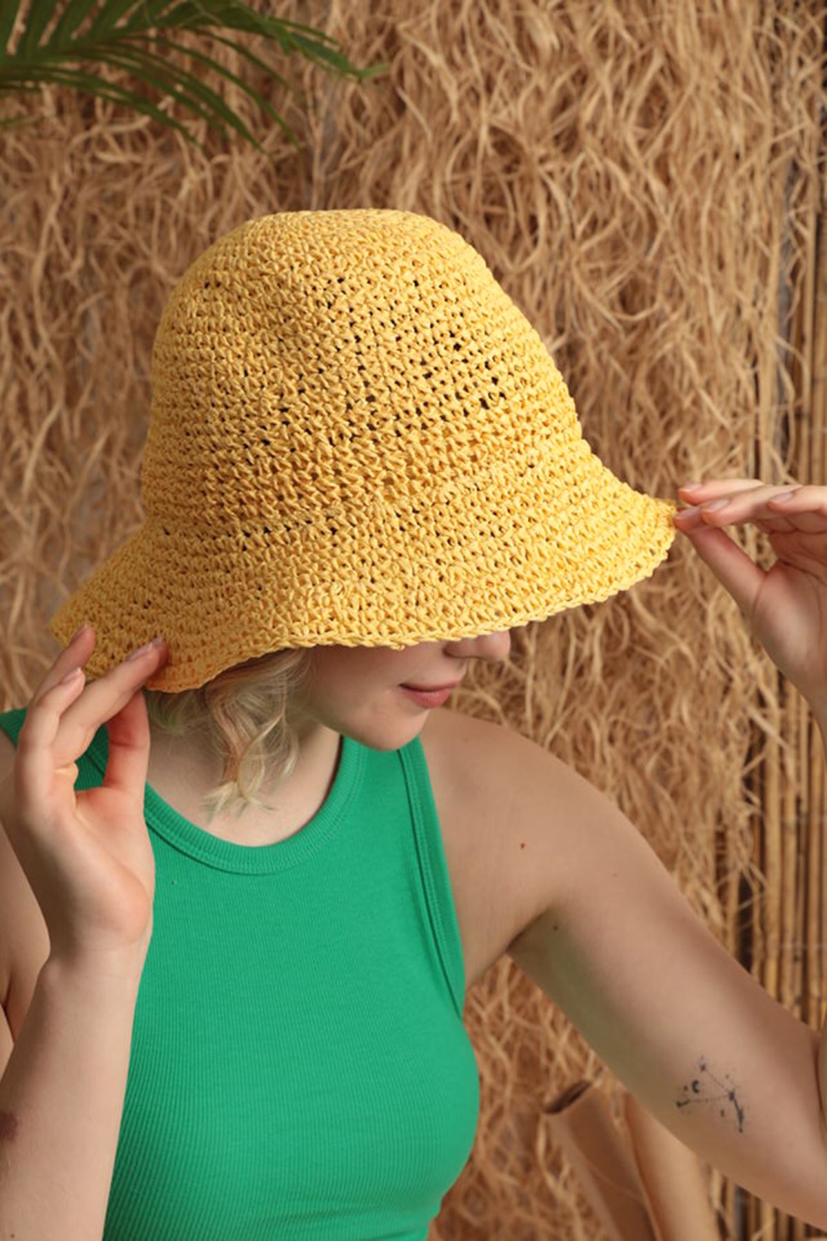 El Örgüsü Kadın Hasır Şapka-Sarı