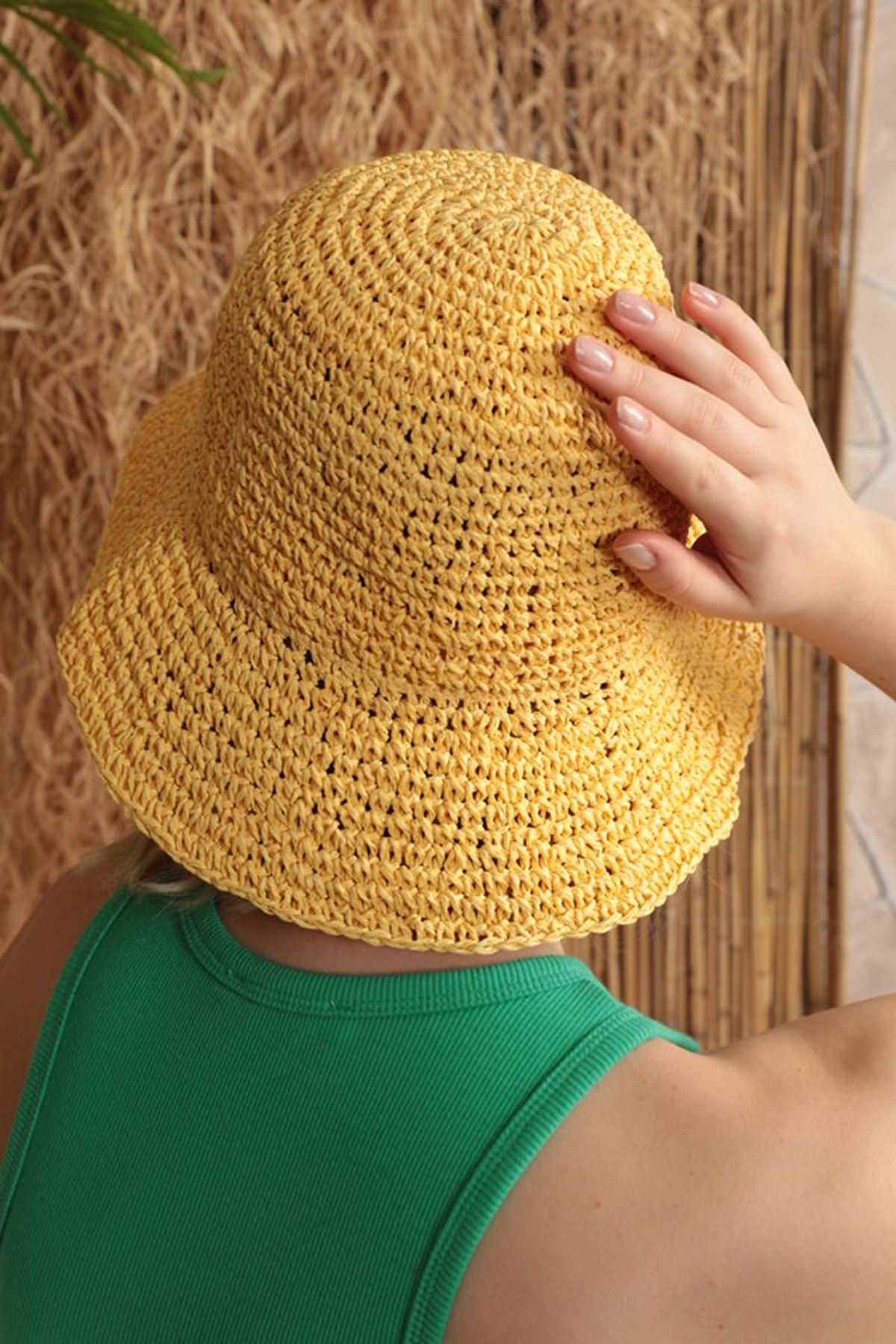 El Örgüsü Kadın Hasır Şapka-Sarı