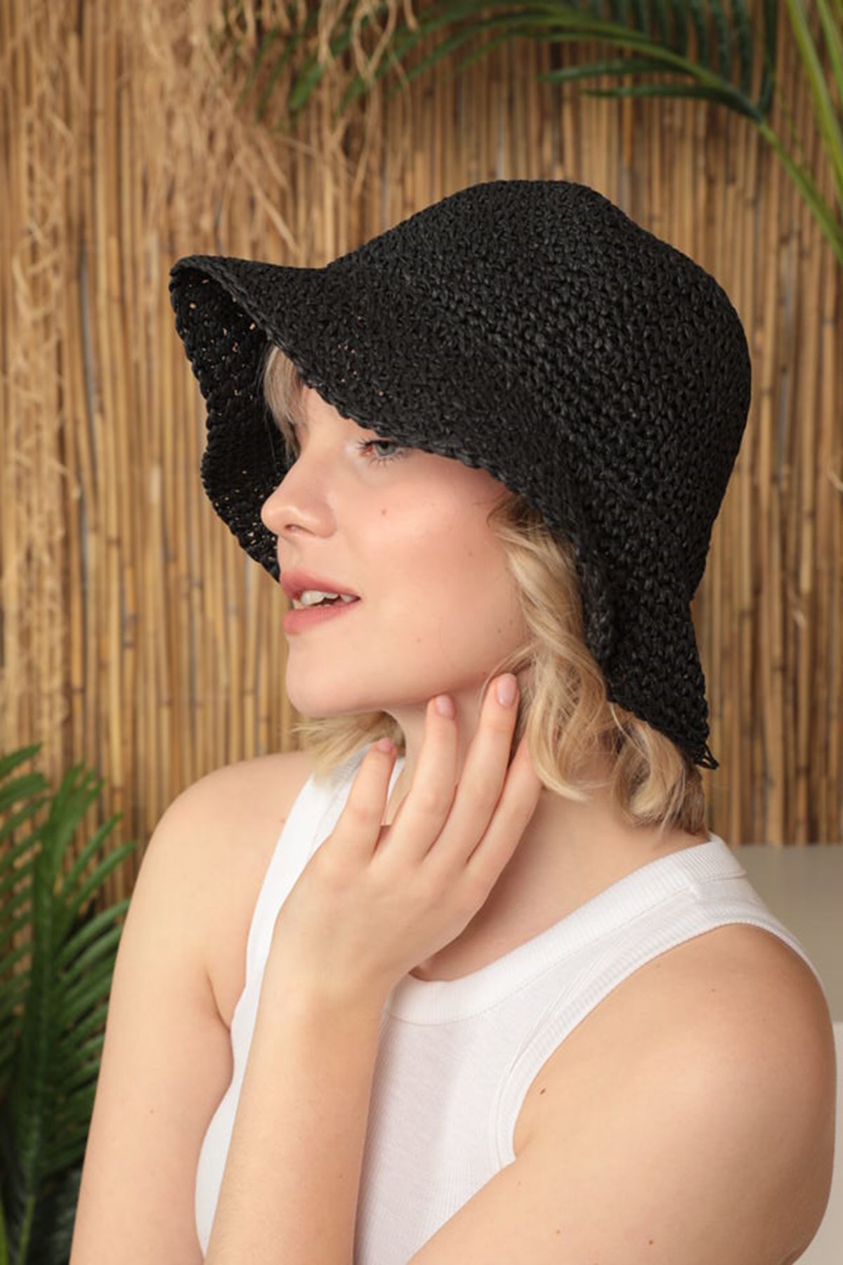 El Örgüsü Kadın Hasır Şapka-Siyah