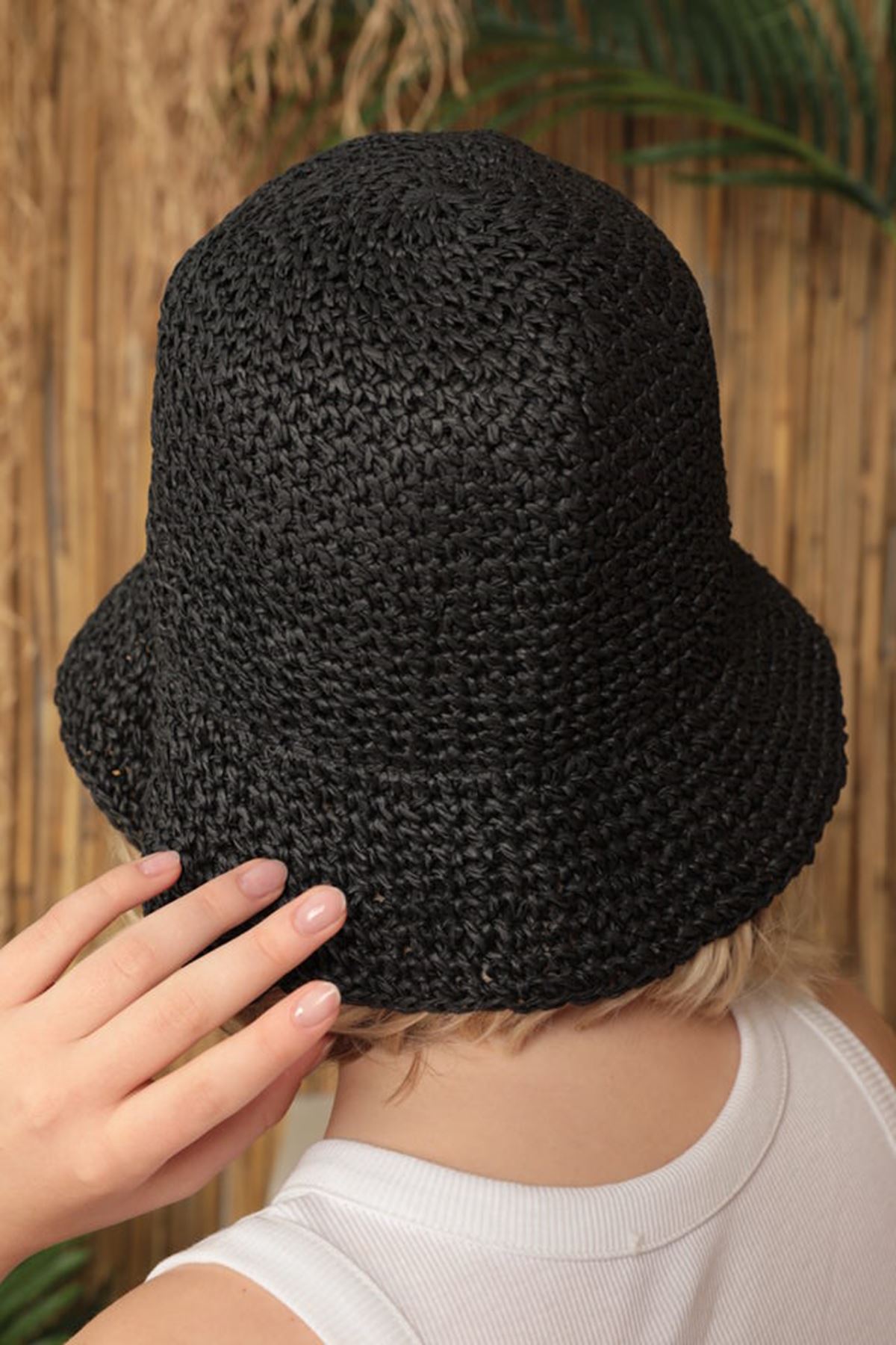 El Örgüsü Kadın Hasır Şapka-Siyah