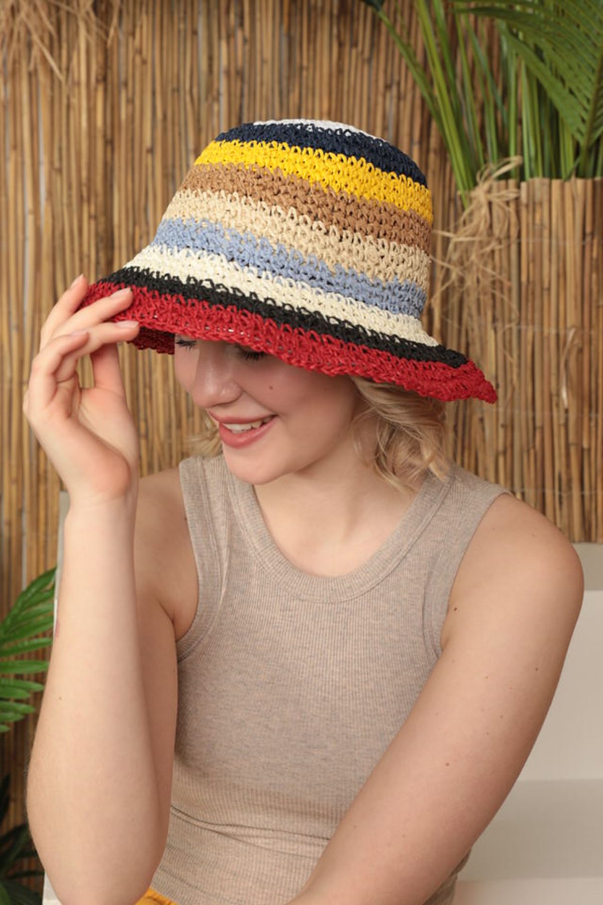 Hasır El Örgüsü Kadın Bucket Şapka-Siyah