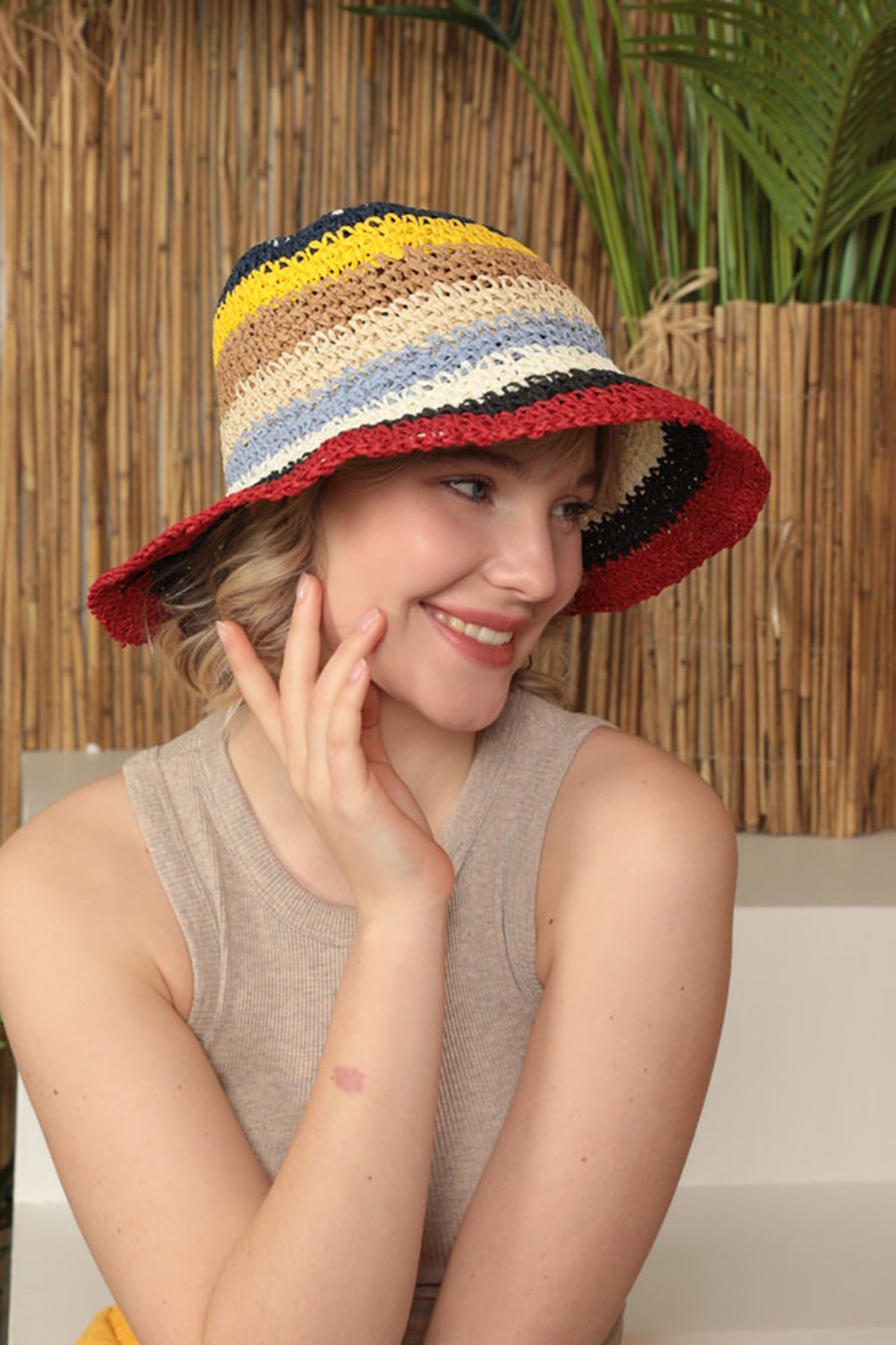 Hasır El Örgüsü Kadın Bucket Şapka-Siyah