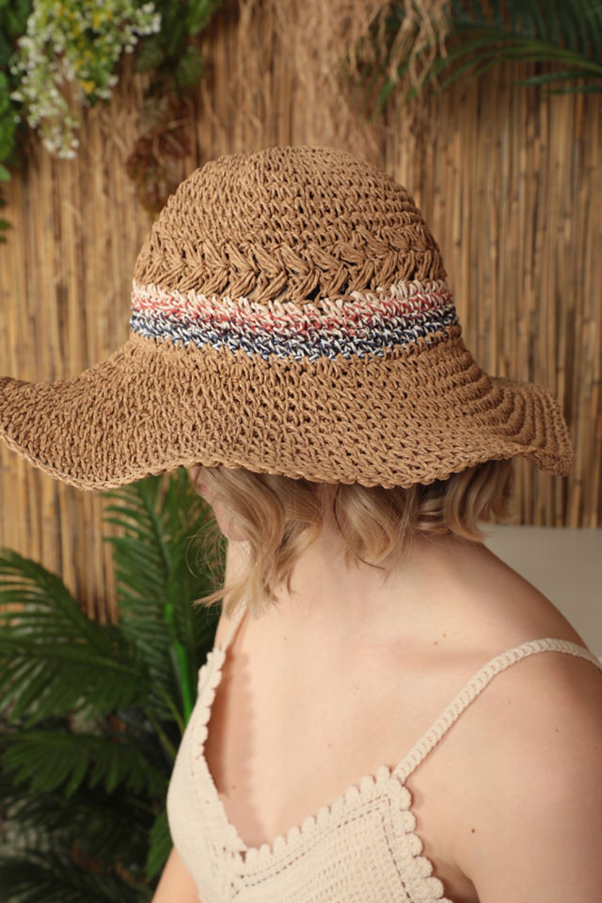 El Örgüsü Kadın Hasır Şapka-Camel