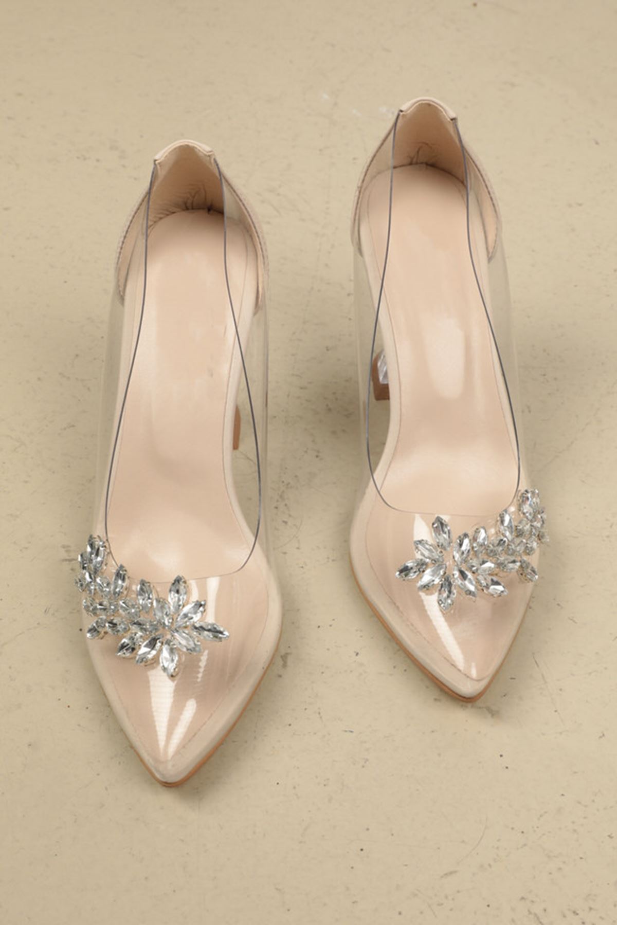 Women's Stoned Short Heeled Transparent Patent Leather Shoes-Skin color