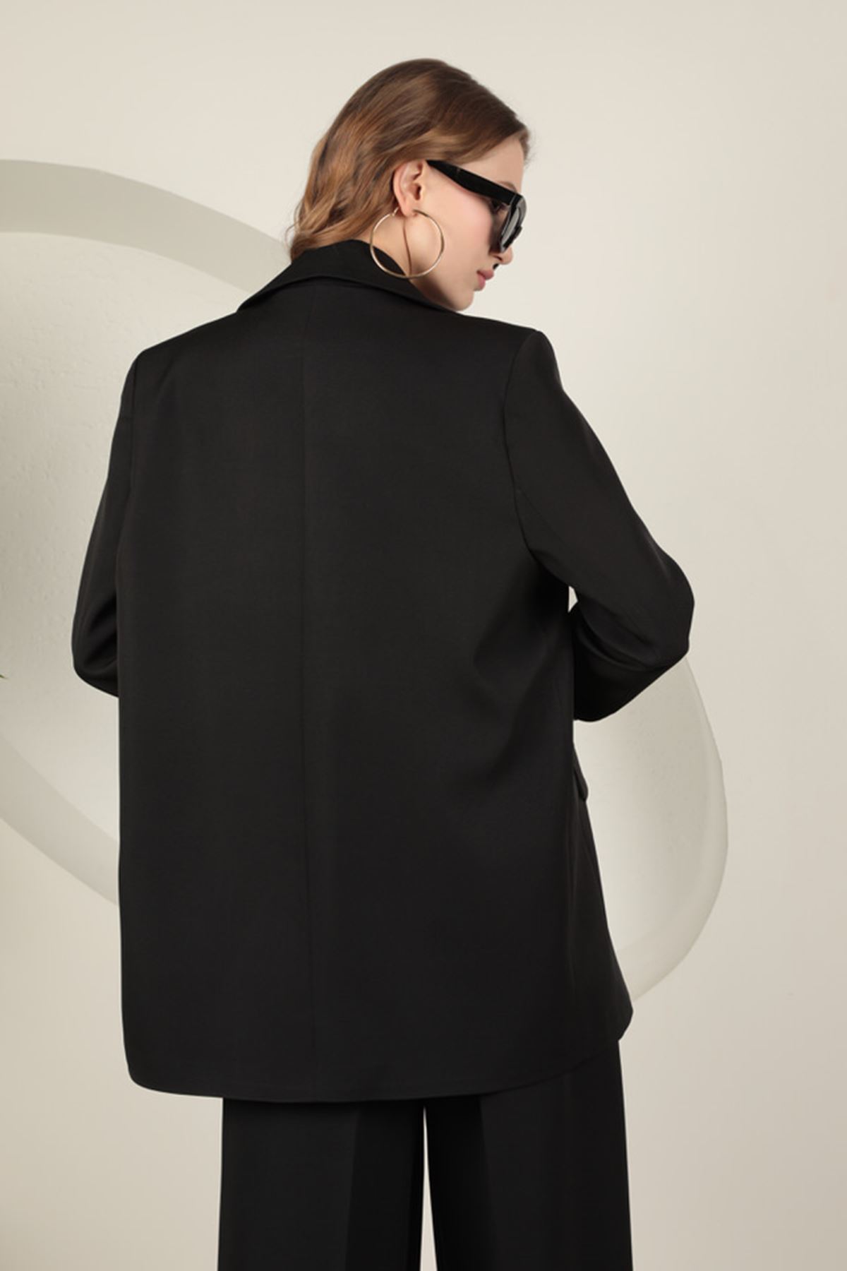 Atlas Kumaş Kadın Oversize Ceket-Siyah