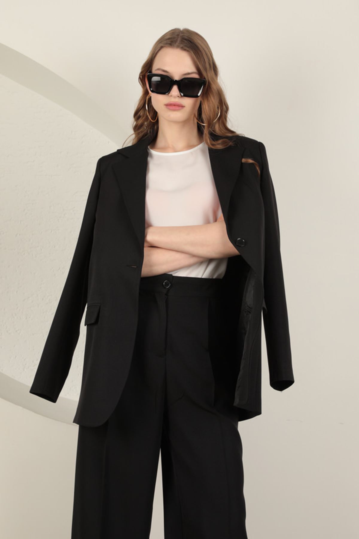 Atlas Kumaş Kadın Oversize Ceket-Siyah