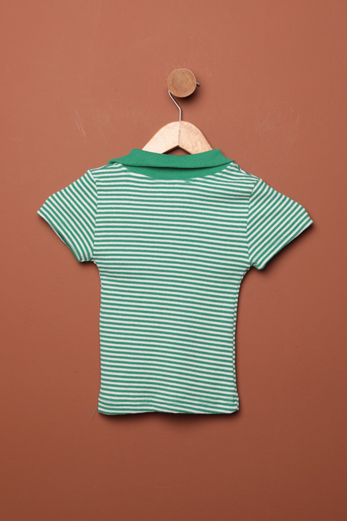 Kaşkorse Kumaş Polo Yaka Çizgili Kadın Crop-Yeşil