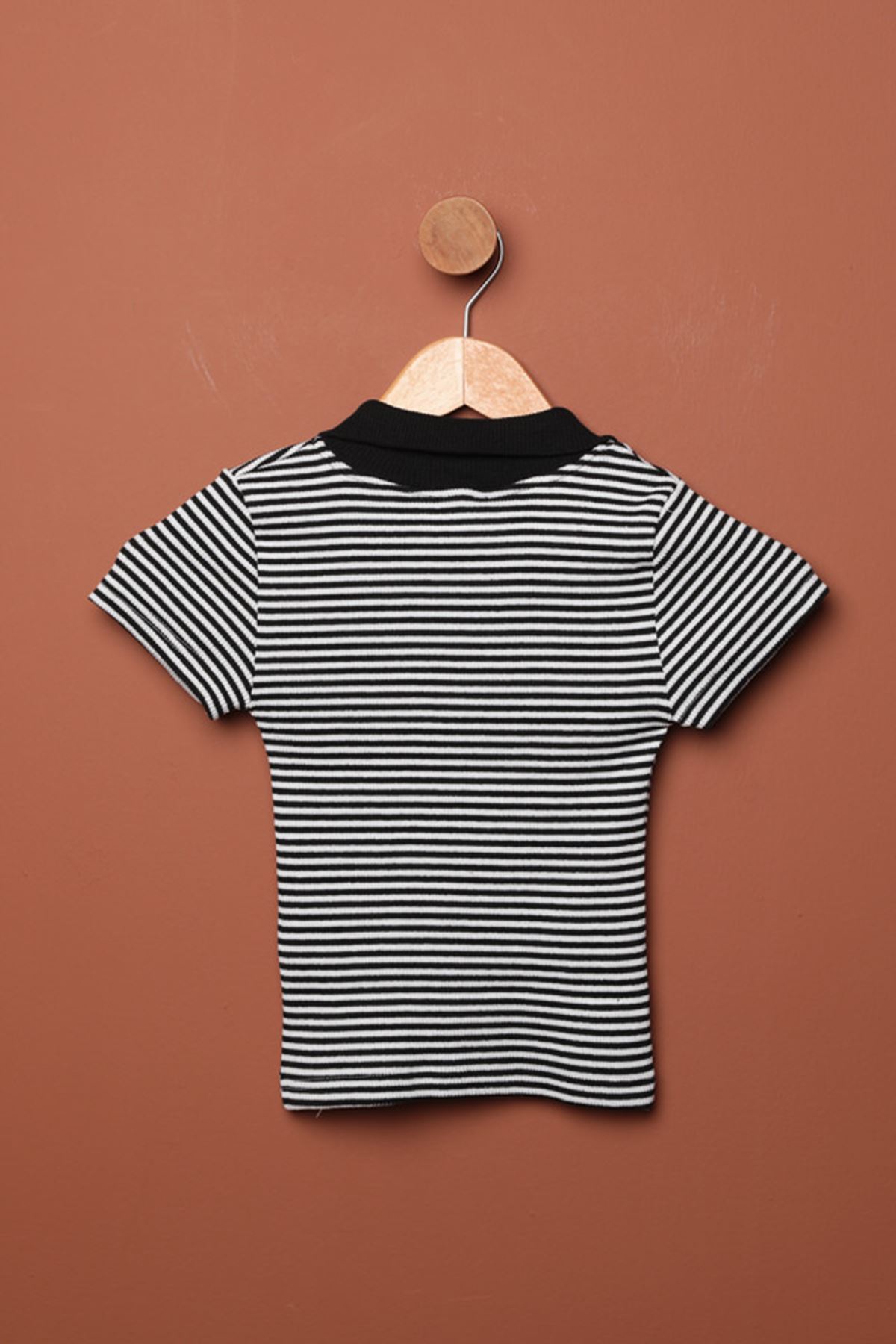 Kaşkorse Kumaş Polo Yaka Çizgili Kadın Crop-Siyah