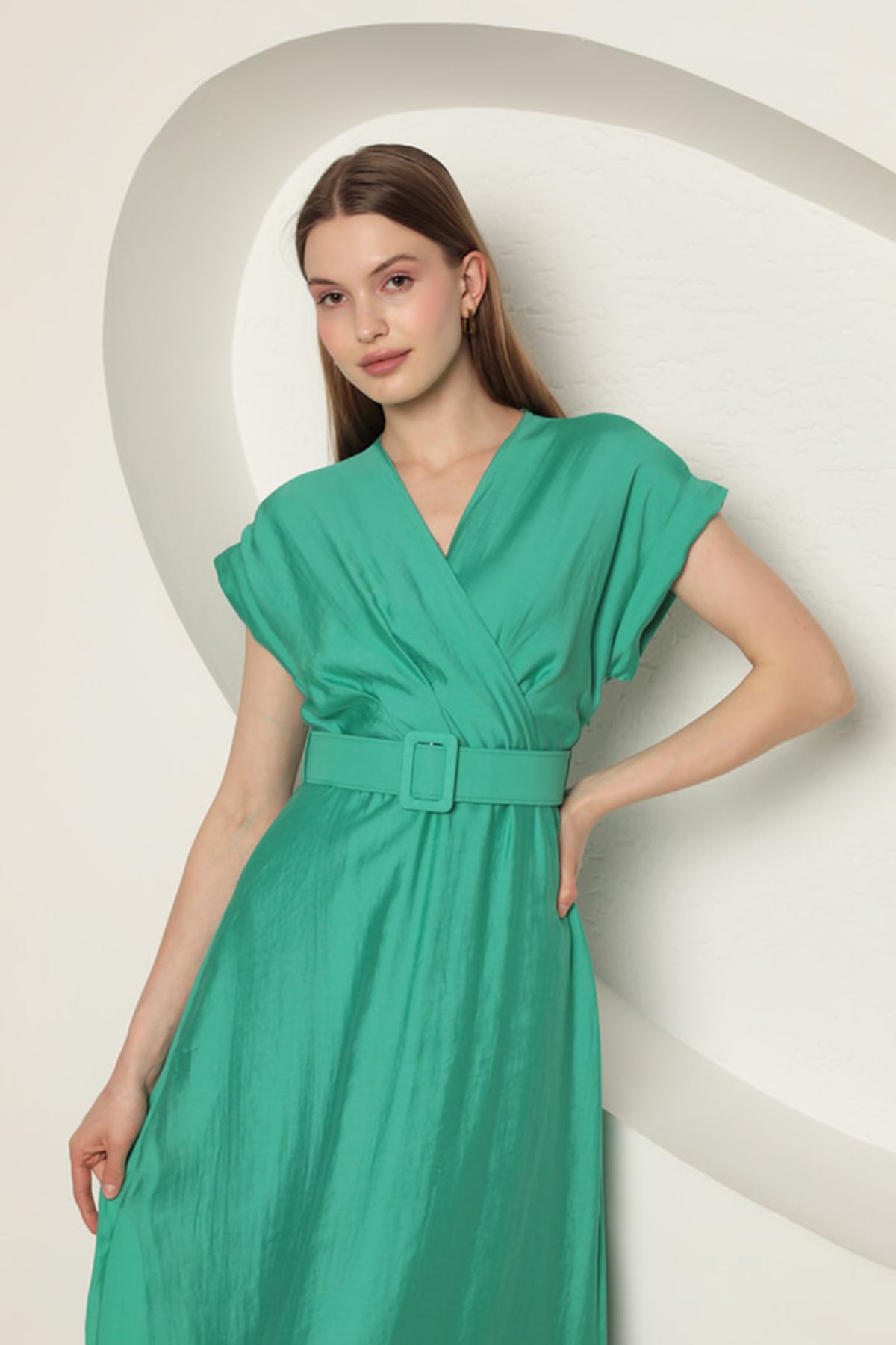 Voal Fabric Belted Women's Dress-Mint