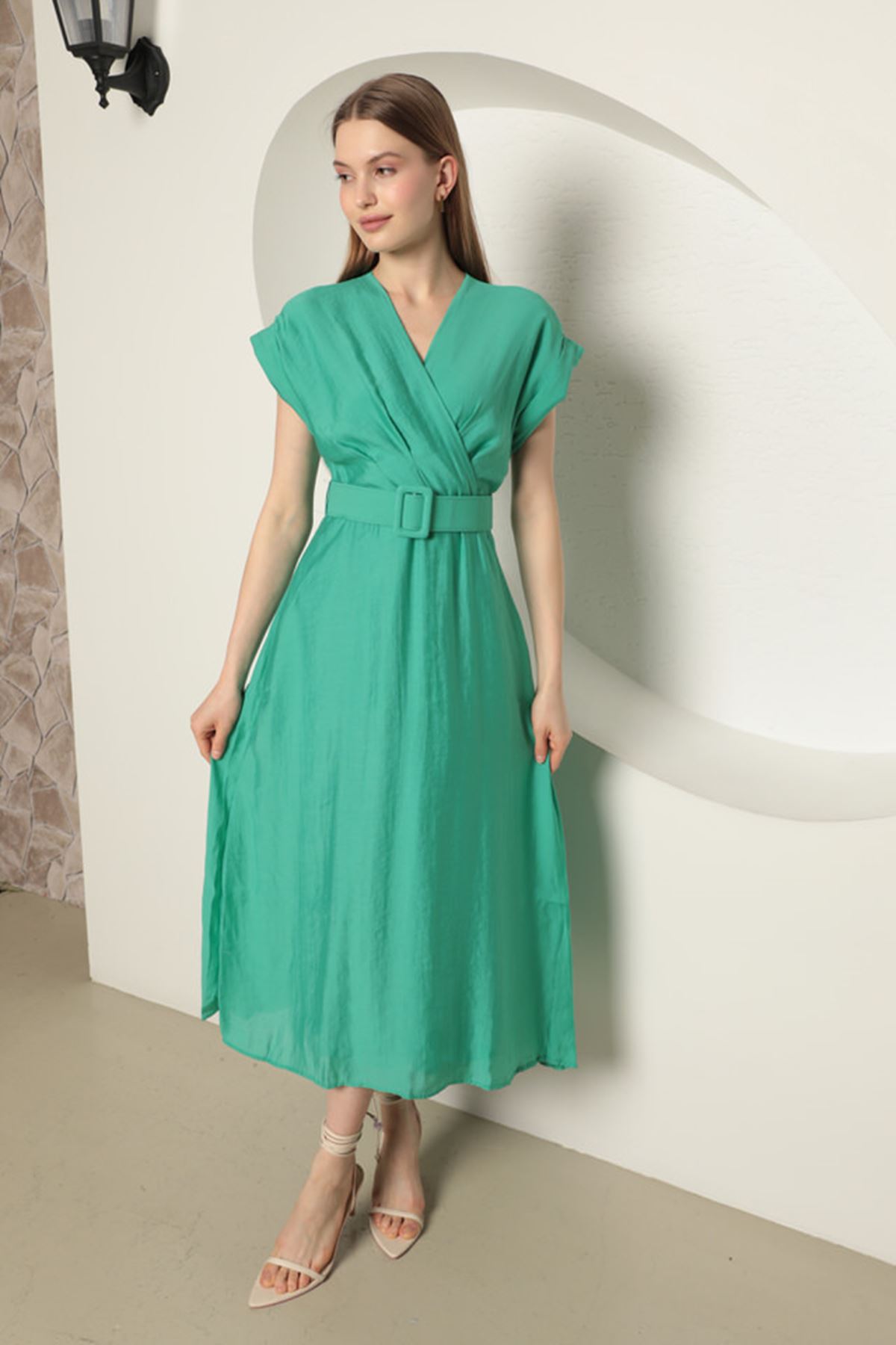 Voal Fabric Belted Women's Dress-Mint