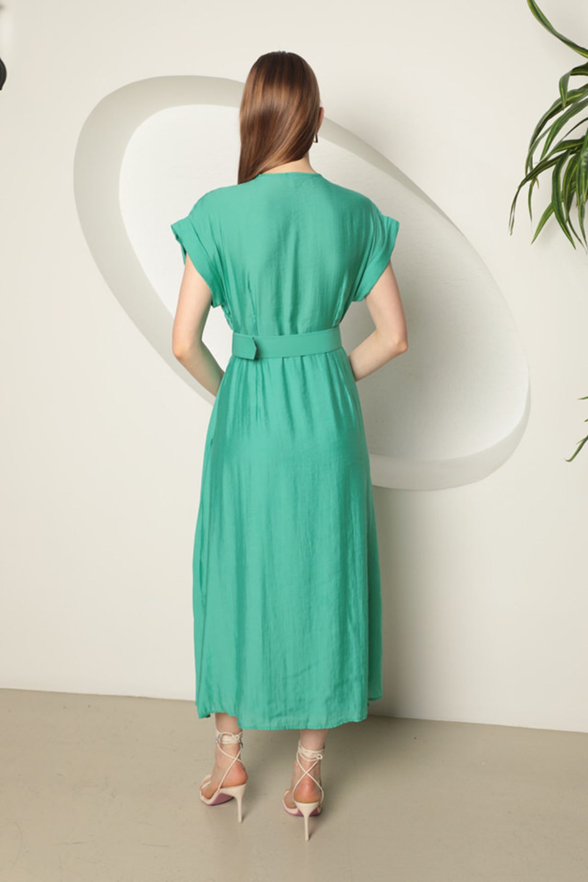 Voal Fabric Belted Women's Dress-Mint