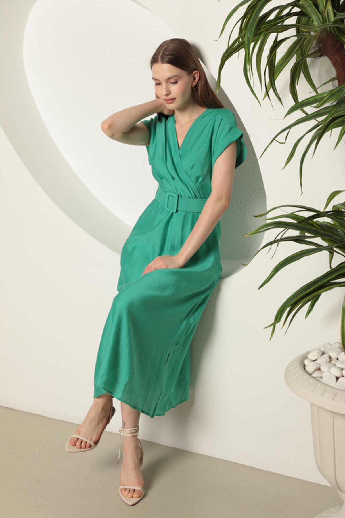 Voal Fabric Belted Women's Dress-Mint