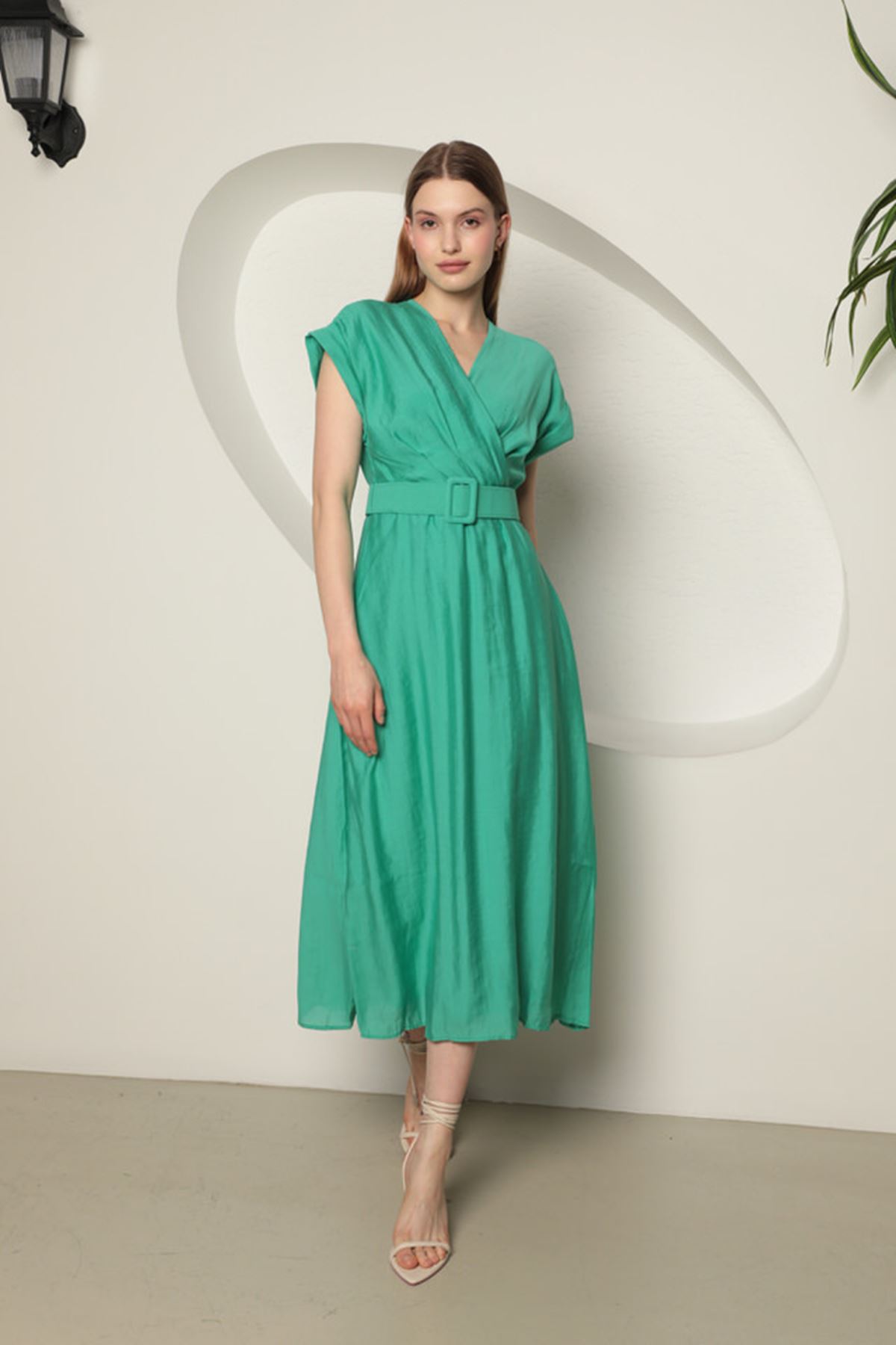 Voal Fabric Belted Women's Dress-Mint