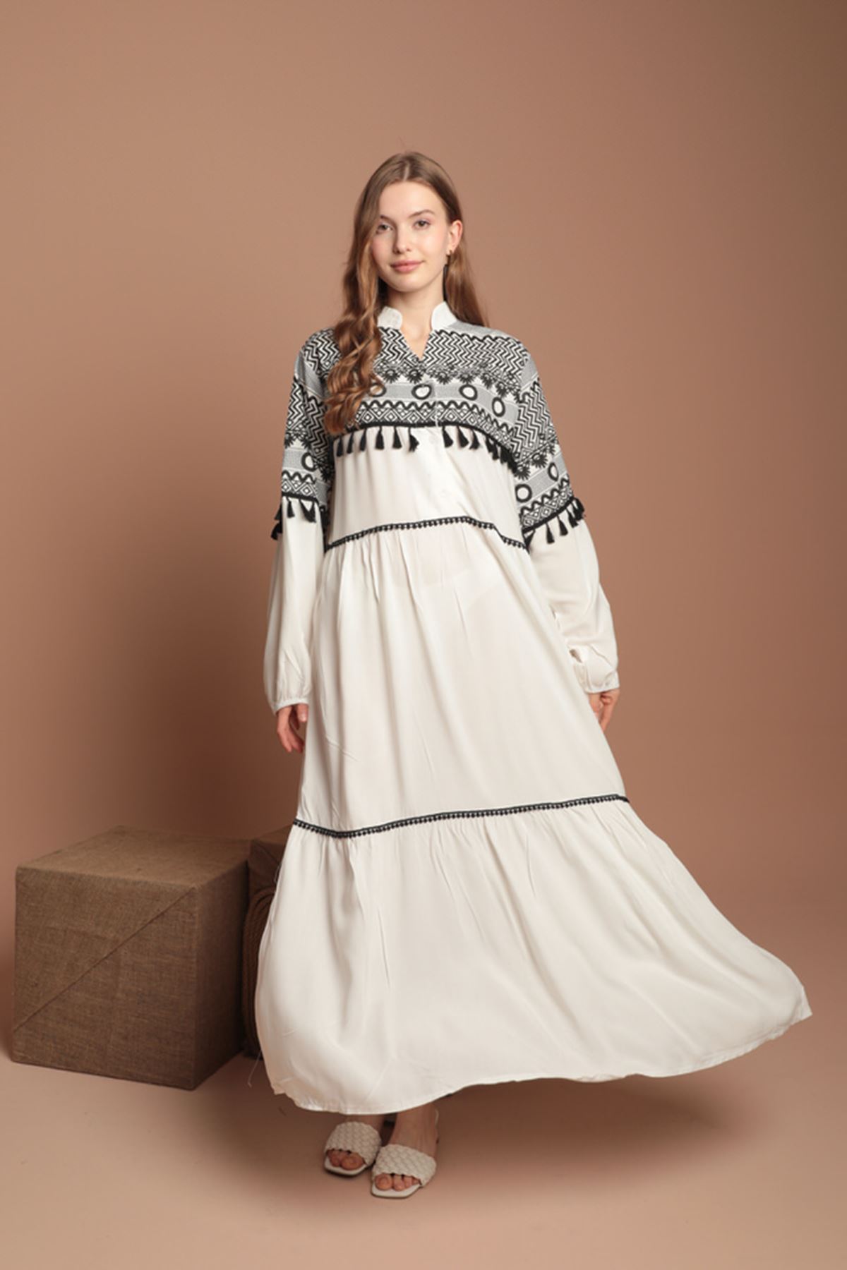 Viscose Fabric Embossed Print Long Women Dress