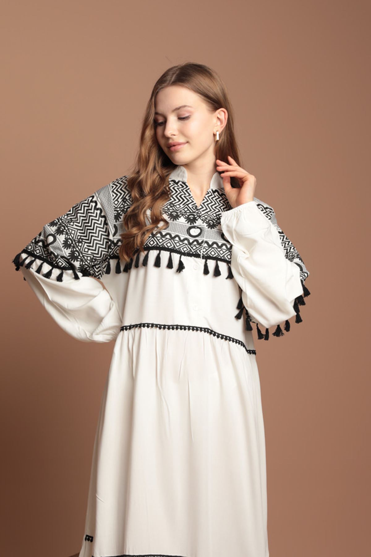 Viscose Fabric Embossed Print Long Women Dress