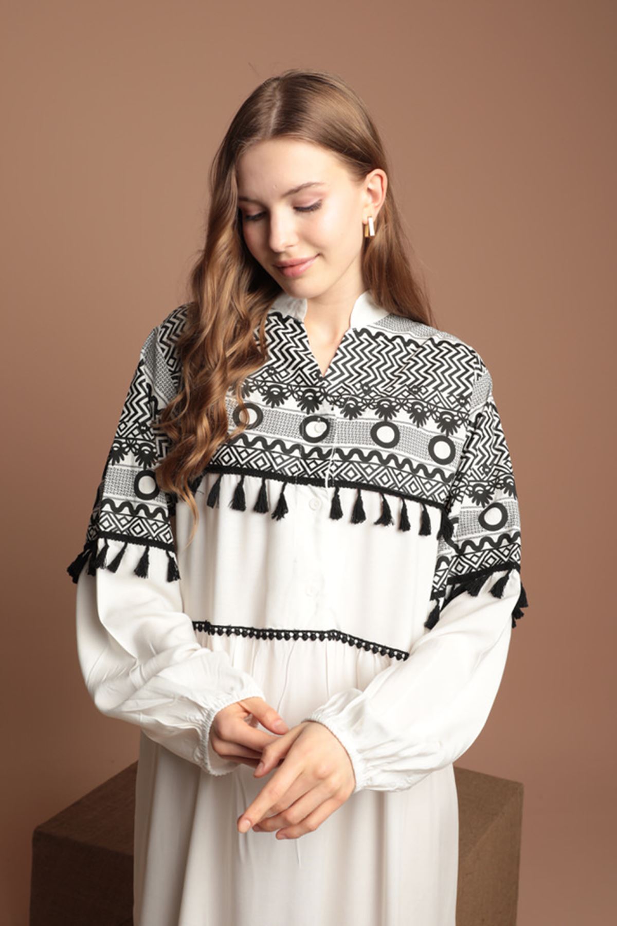 Viscose Fabric Embossed Print Long Women Dress