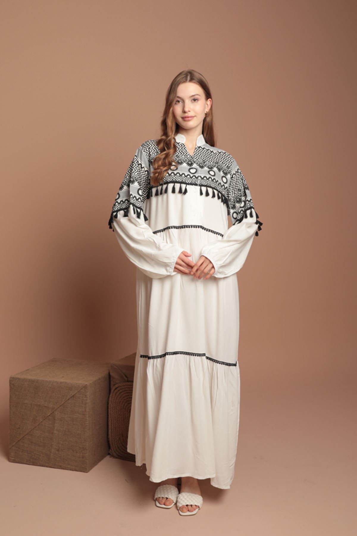 Viscose Fabric Embossed Print Long Women Dress