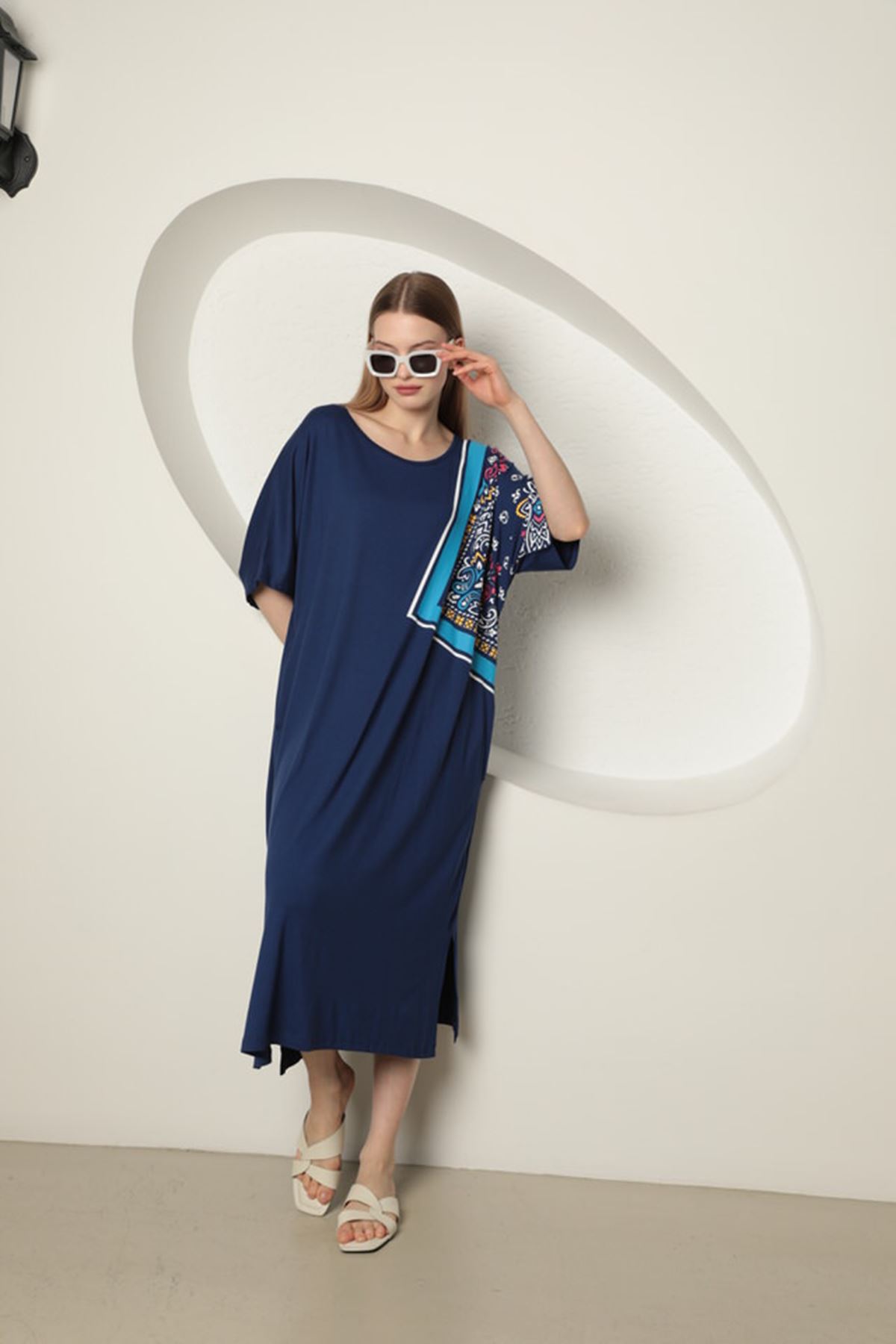 Viscose Fabric Women's Dress-Navy Blue
