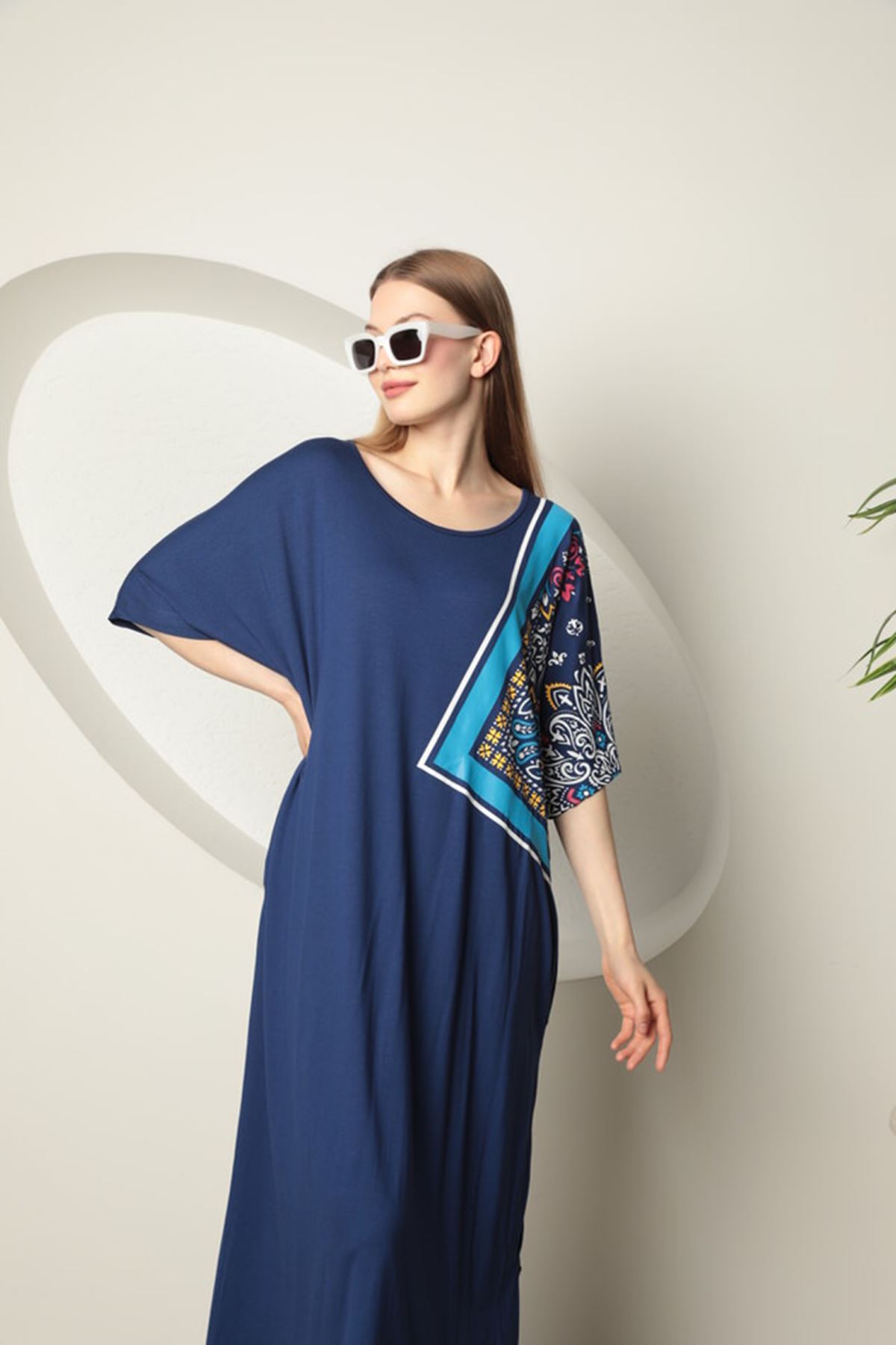 Viscose Fabric Women's Dress-Navy Blue