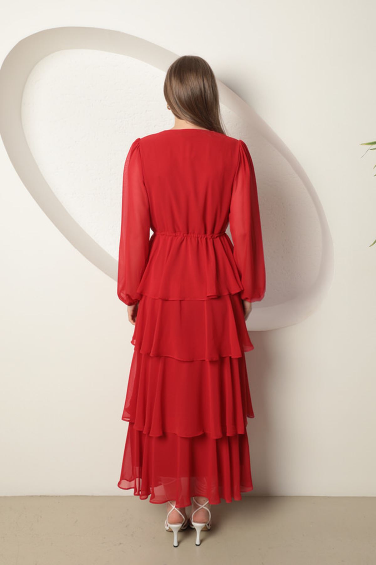 Chiffon Fabric Layered Women's Dress-Red