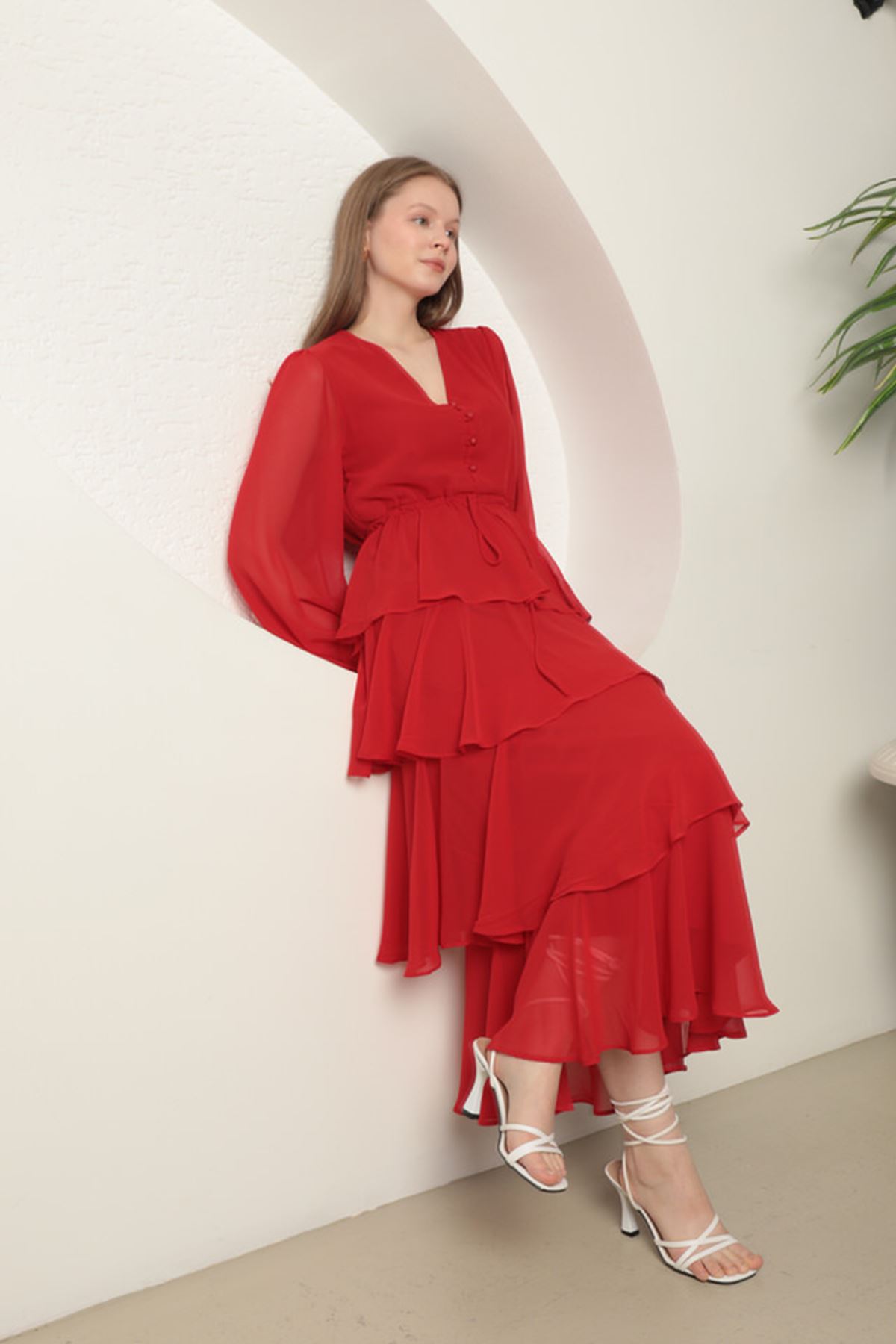 Chiffon Fabric Layered Women's Dress-Red