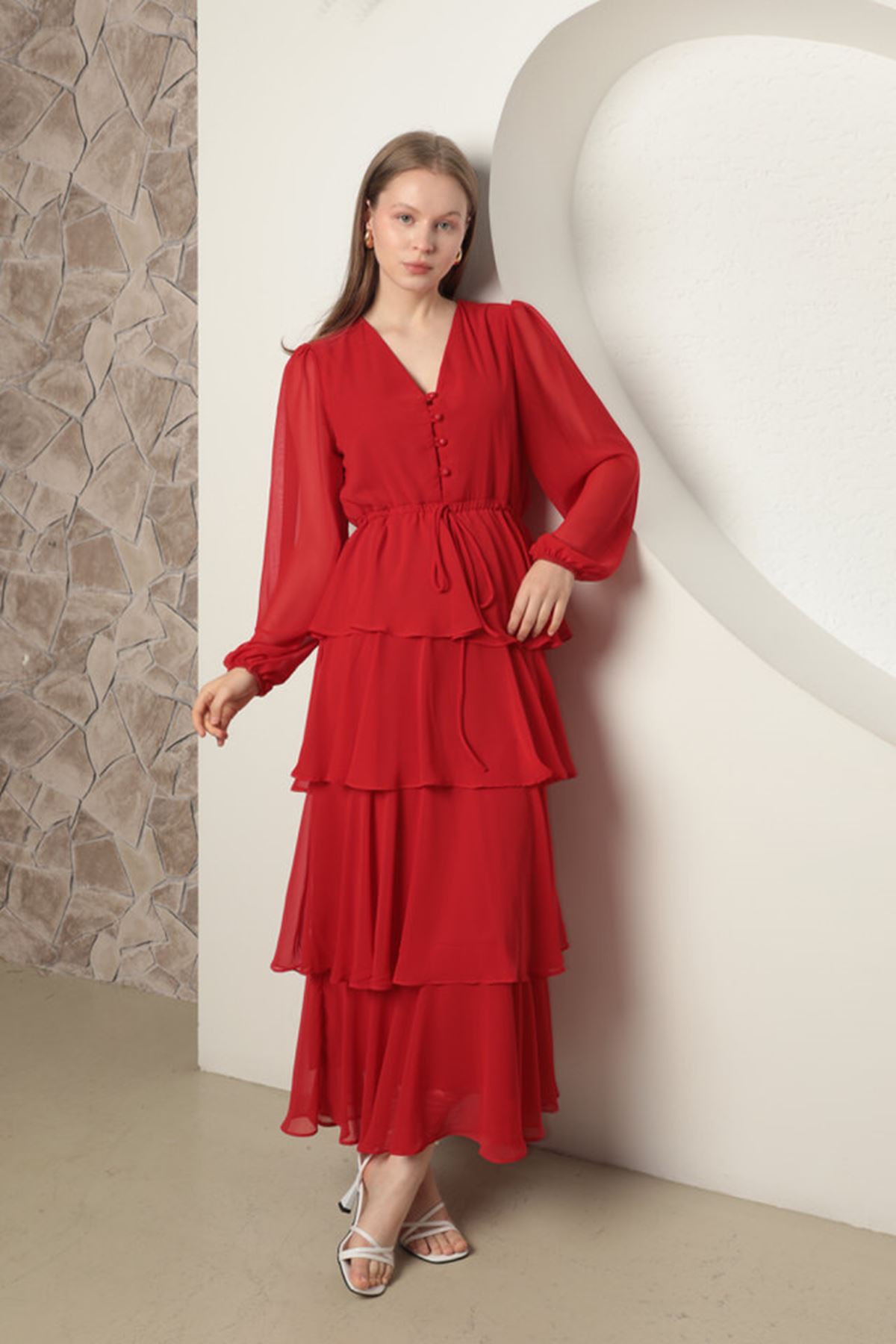 Chiffon Fabric Layered Women's Dress-Red