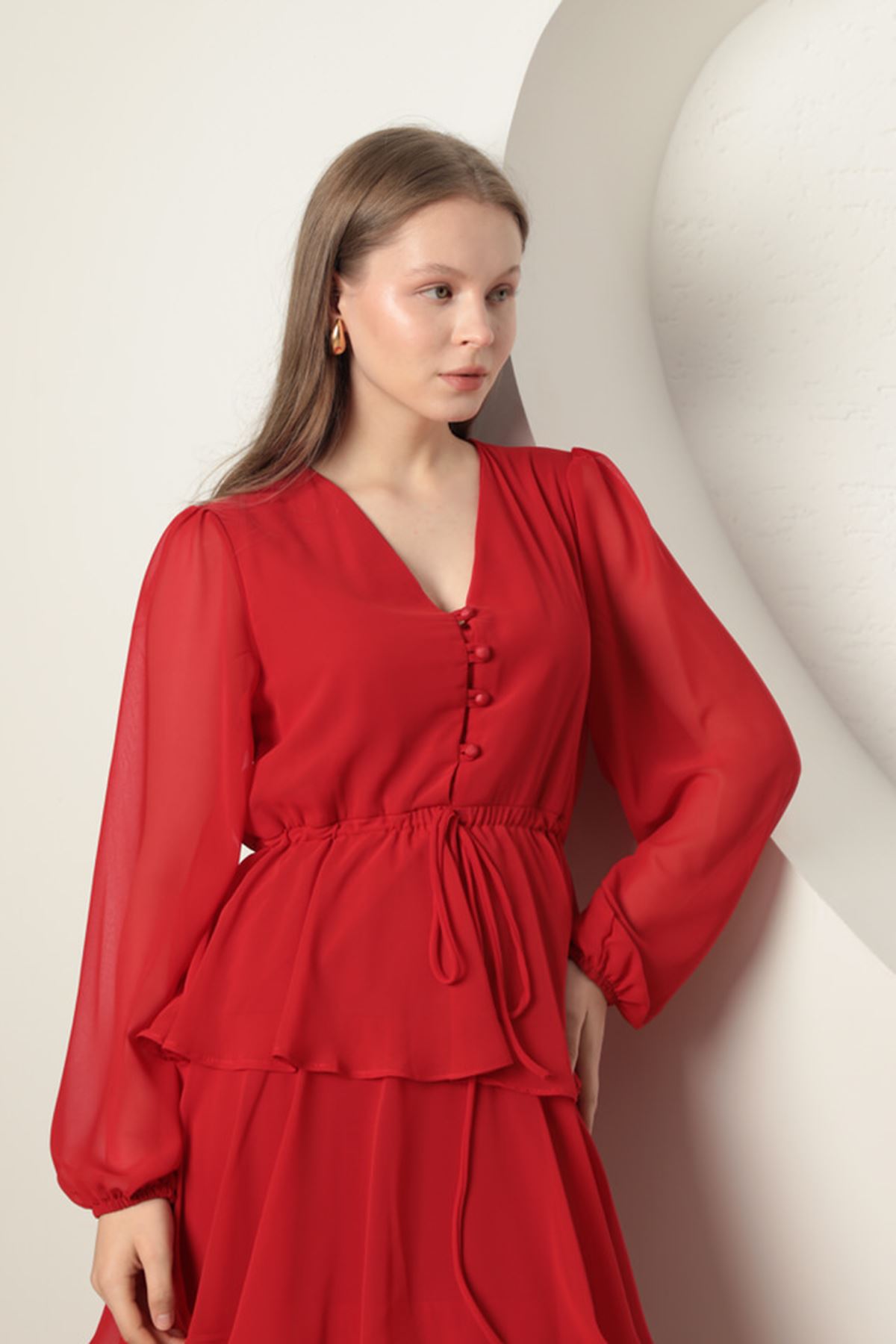 Chiffon Fabric Layered Women's Dress-Red