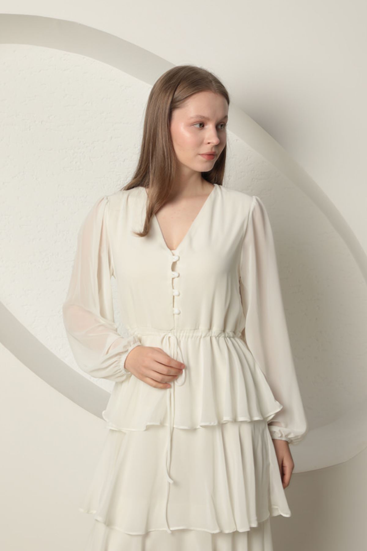 Chiffon Fabric Layered Women's Dress-Ecru