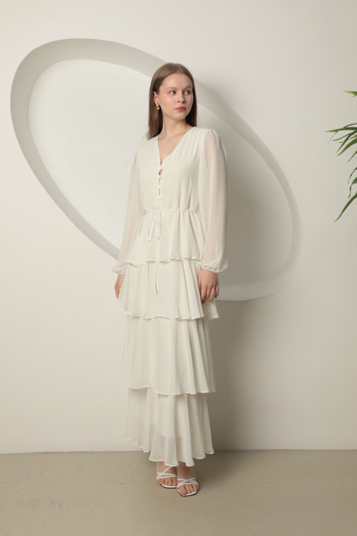 Chiffon Fabric Layered Women's Dress-Ecru