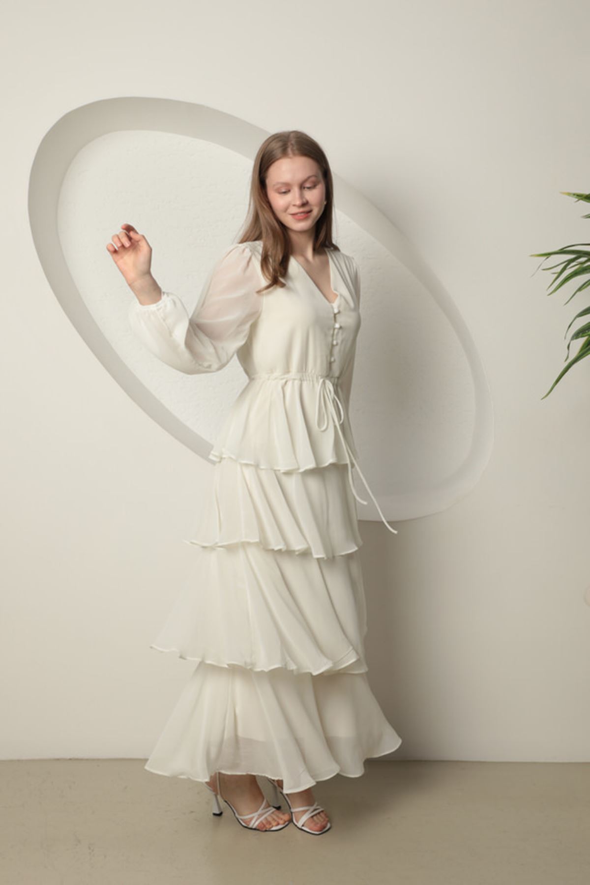 Chiffon Fabric Layered Women's Dress-Ecru