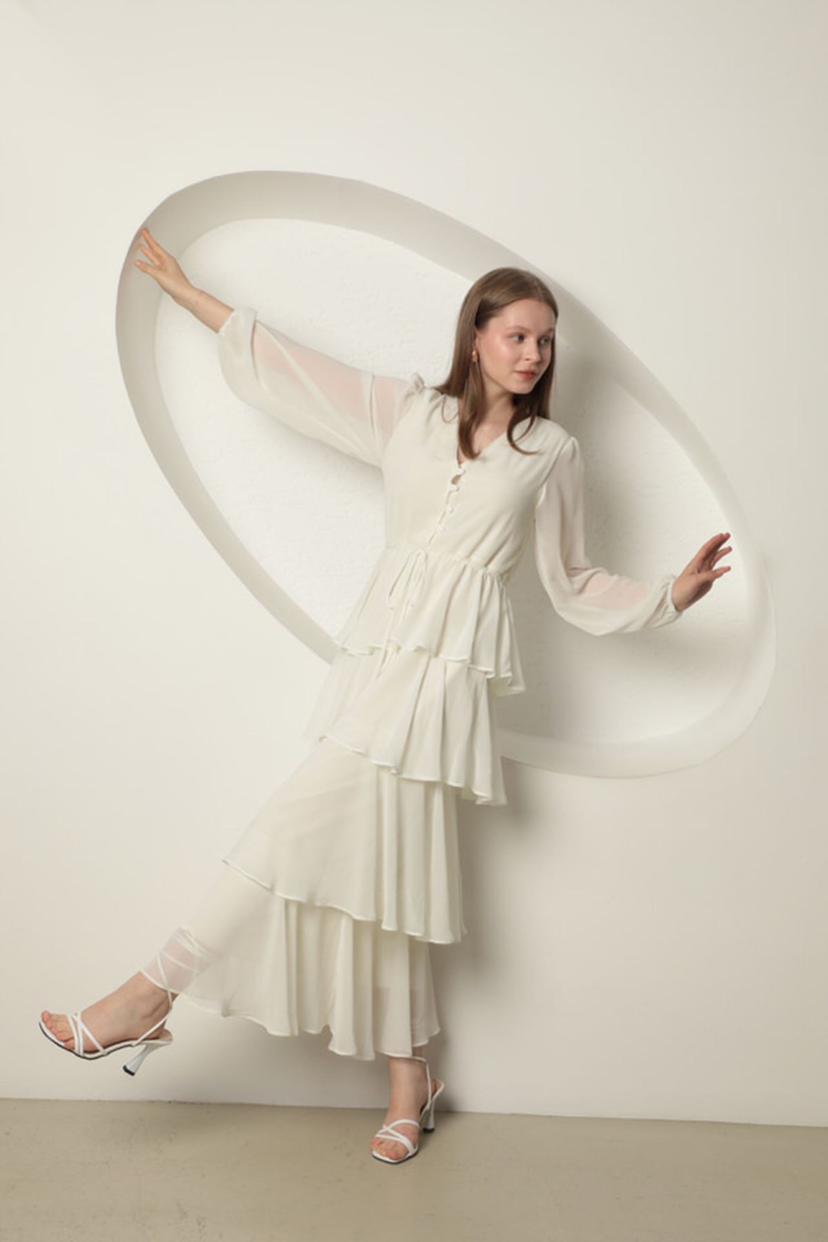 Chiffon Fabric Layered Women's Dress-Ecru