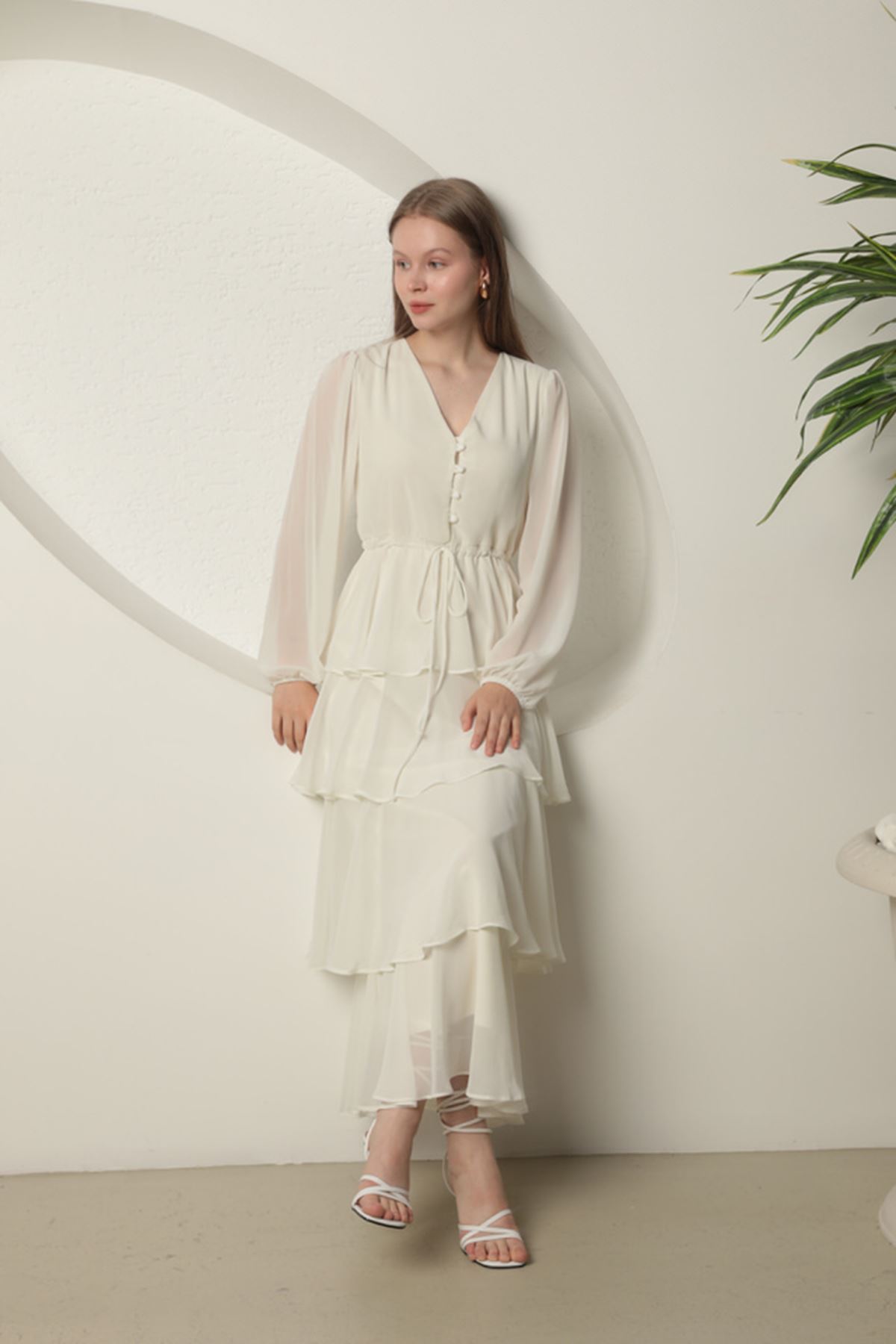 Chiffon Fabric Layered Women's Dress-Ecru