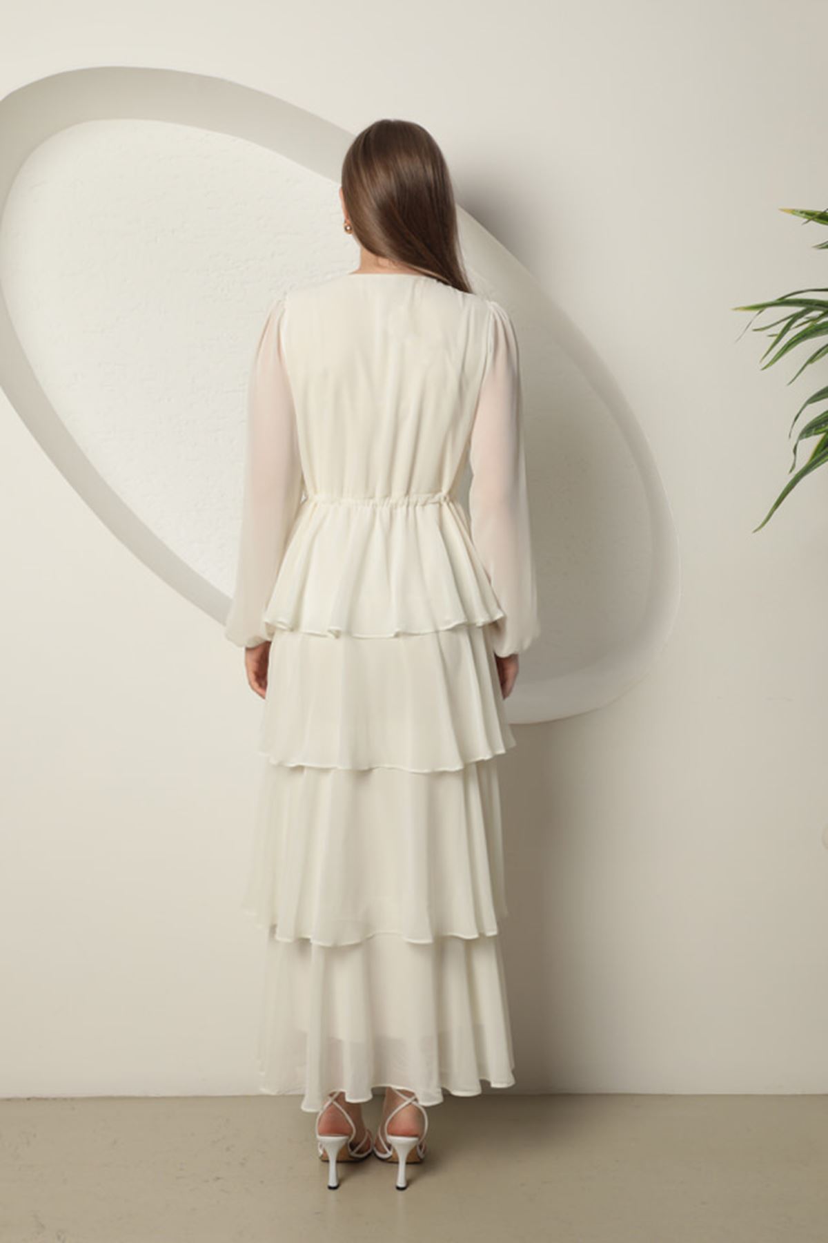 Chiffon Fabric Layered Women's Dress-Ecru