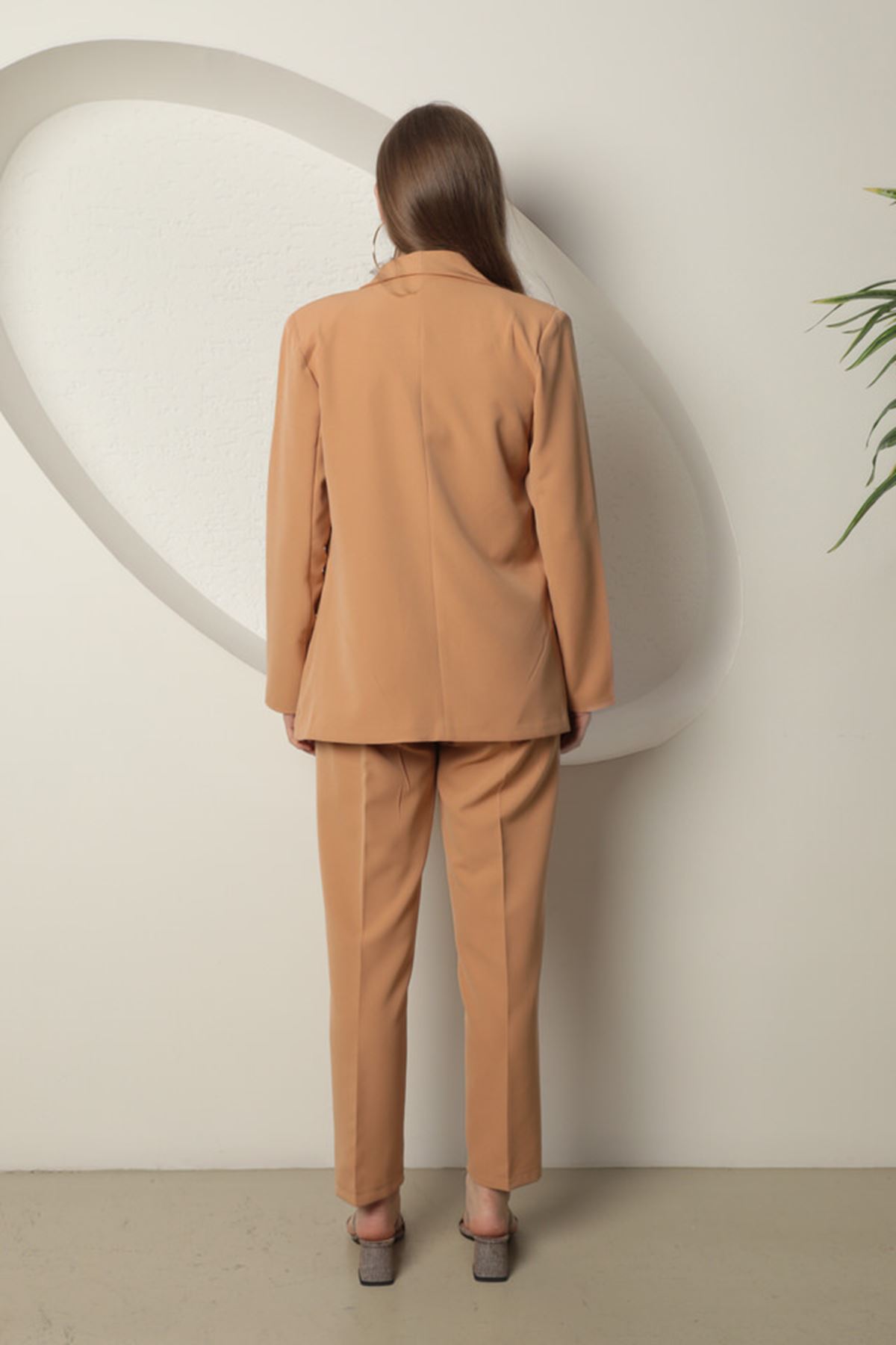 Atlas Kumaş Kadın Ceket Pantolon Takım-Camel---