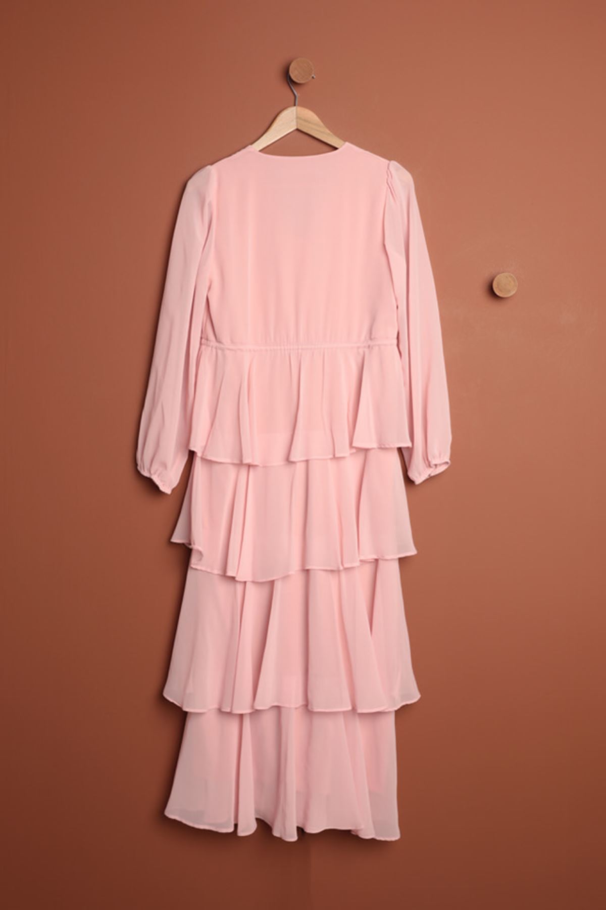 Chiffon Fabric Layered Women's Dress-Powder