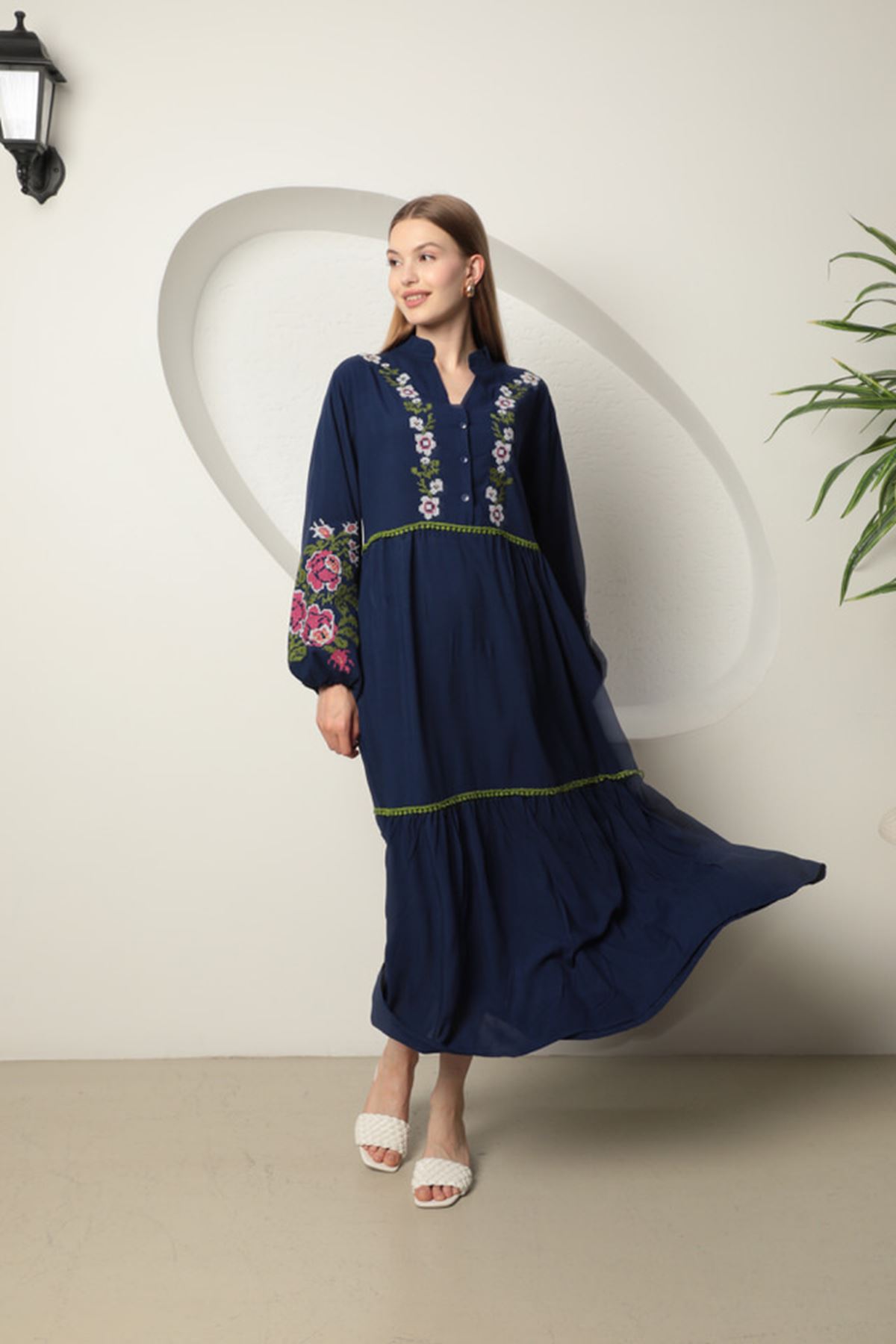 Viscose Fabric Embroidered Women's Dress-Navy Blue