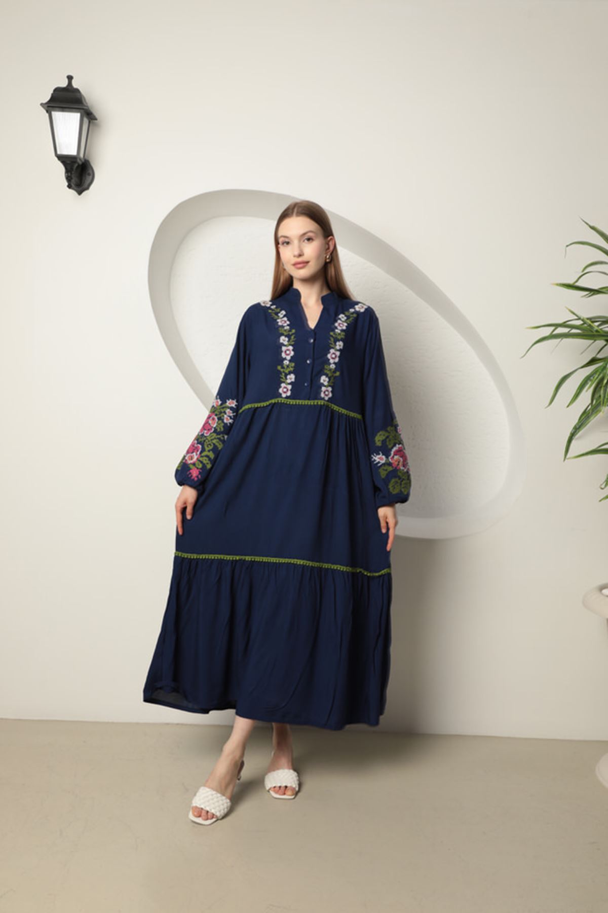 Viscose Fabric Embroidered Women's Dress-Navy Blue