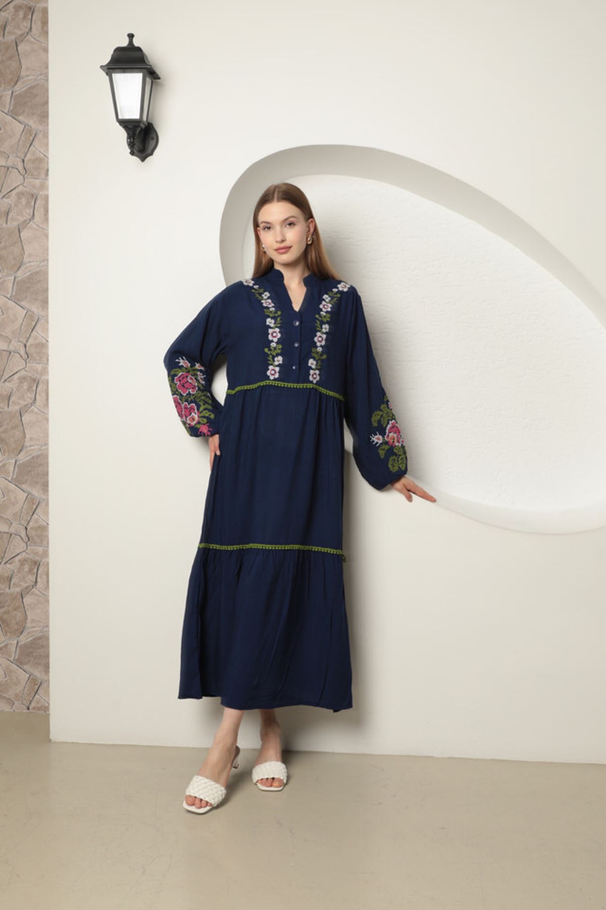Viscose Fabric Embroidered Women's Dress-Navy Blue